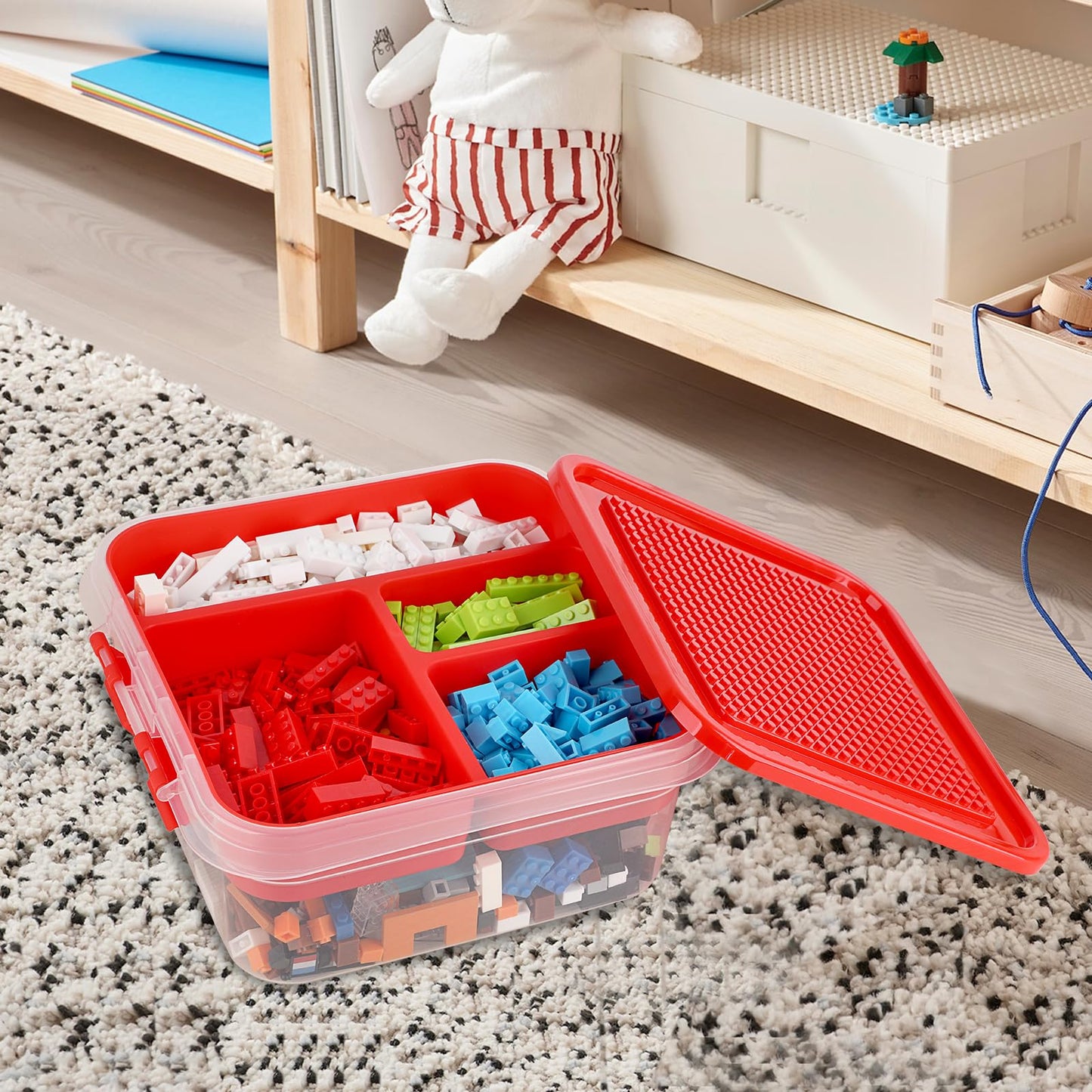 OGANAZI Plastic Storage Container with Bricks Baseplate Lid for Building Blocks, Bricks Building Set Organization Bin with Compartments Tray, Stackable Storage Box Building Block Chest Case (Red)