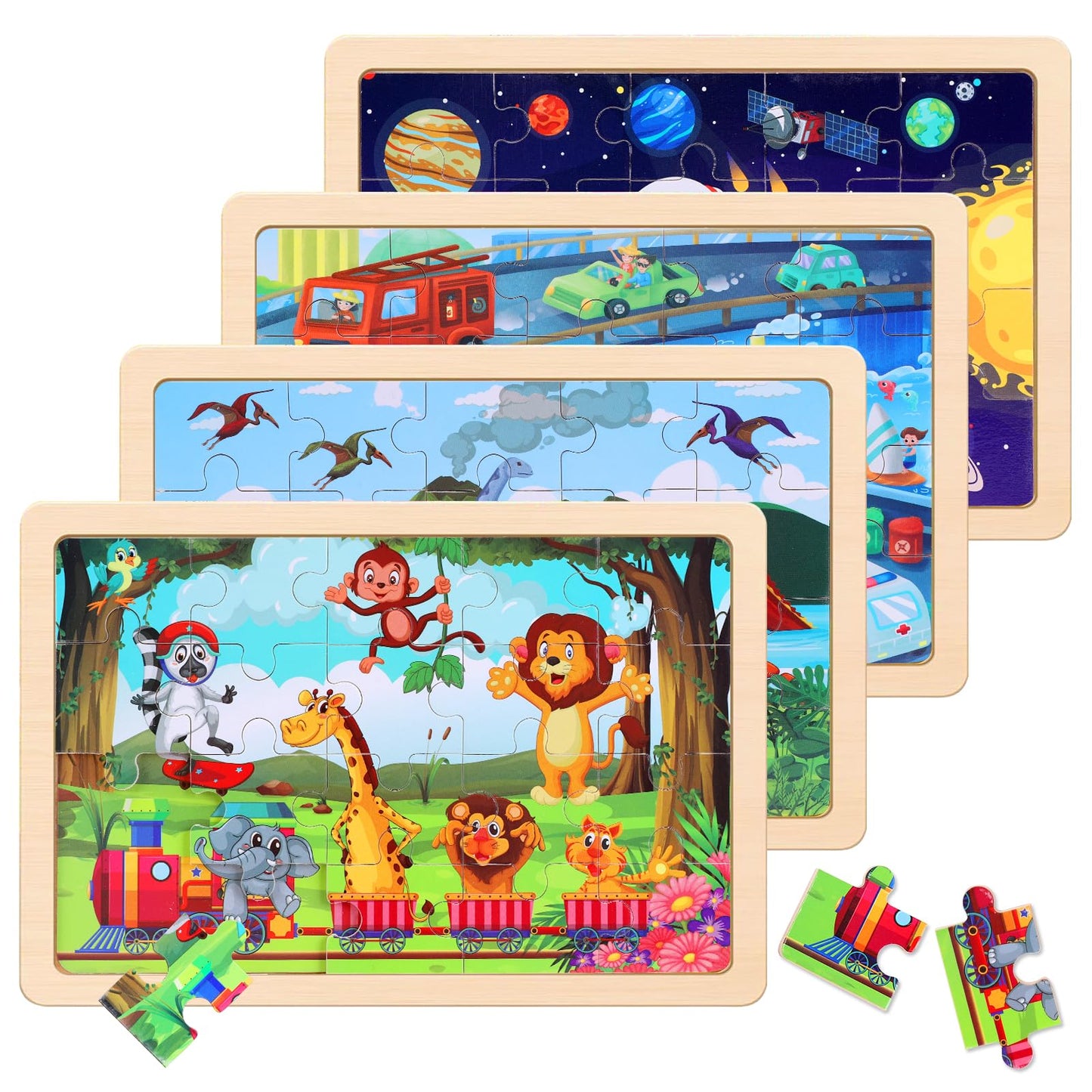 Wooden Educational Jigsaw Puzzles for Preschool Kids Ages 3-5, 4-Pack with 20 Pieces Dinosaur, Space, Transportation Wood Puzzles Set, Toddler Brain Teaser Toys, Gifts for Boys Girls Ages 3 4 5 6