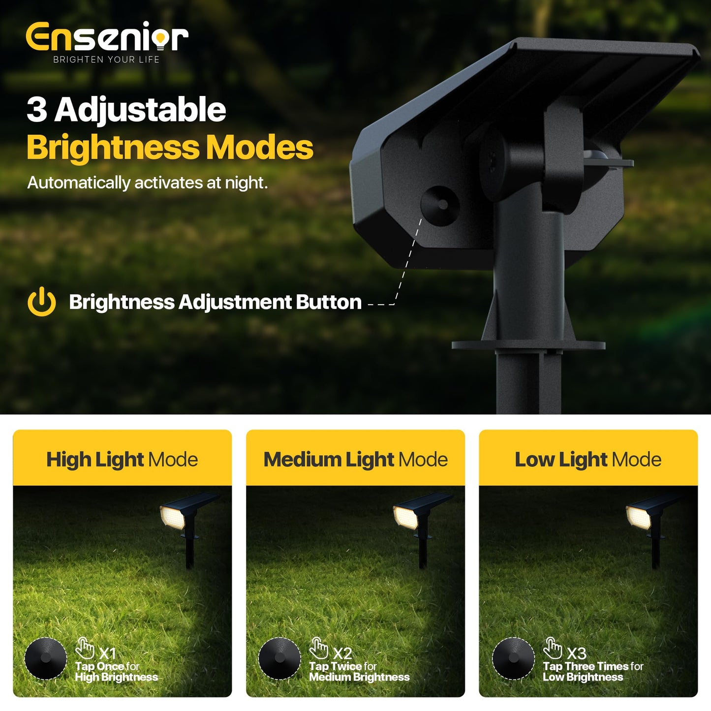 Ensenior Solar Spotlights Outdoor, 6500K LED, Brightness Adjustable, Pack of 4, Cool White, Waterproof, Model CP2-13CM-65K-04-BL