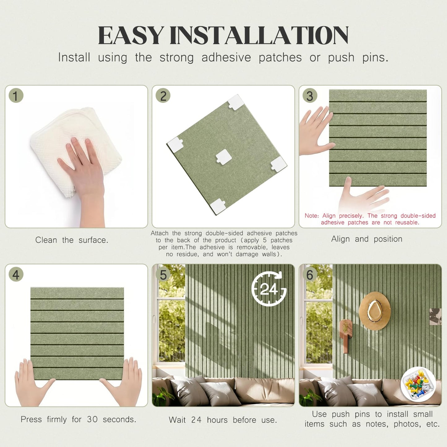 59 x 36 Felt Bulletin Board Tiles - 15 Pack 150g High-Density Sound Absorbing Panels, Slat Wall Cork Board Alternative for Office & Home, Includes 30 Pushpins & 75 Adhesive Tabs, Sage Green