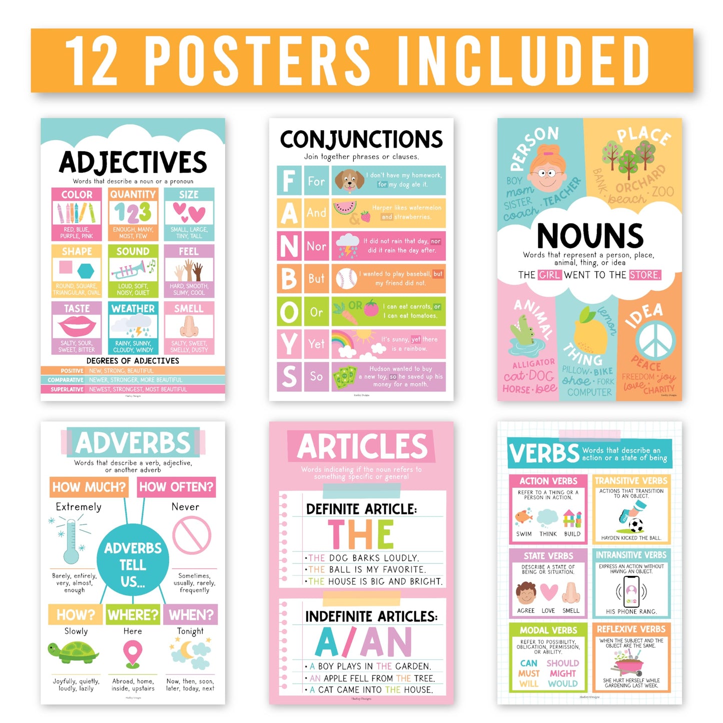 Parts of Speech Posters for Classroom Must Haves - 12 Grammar Posters, Writing Process for Homeschool, Elementary & Middle School, ELA 3rd 4th & 5th Grade Teacher Must Haves, Pastel Classroom Decor