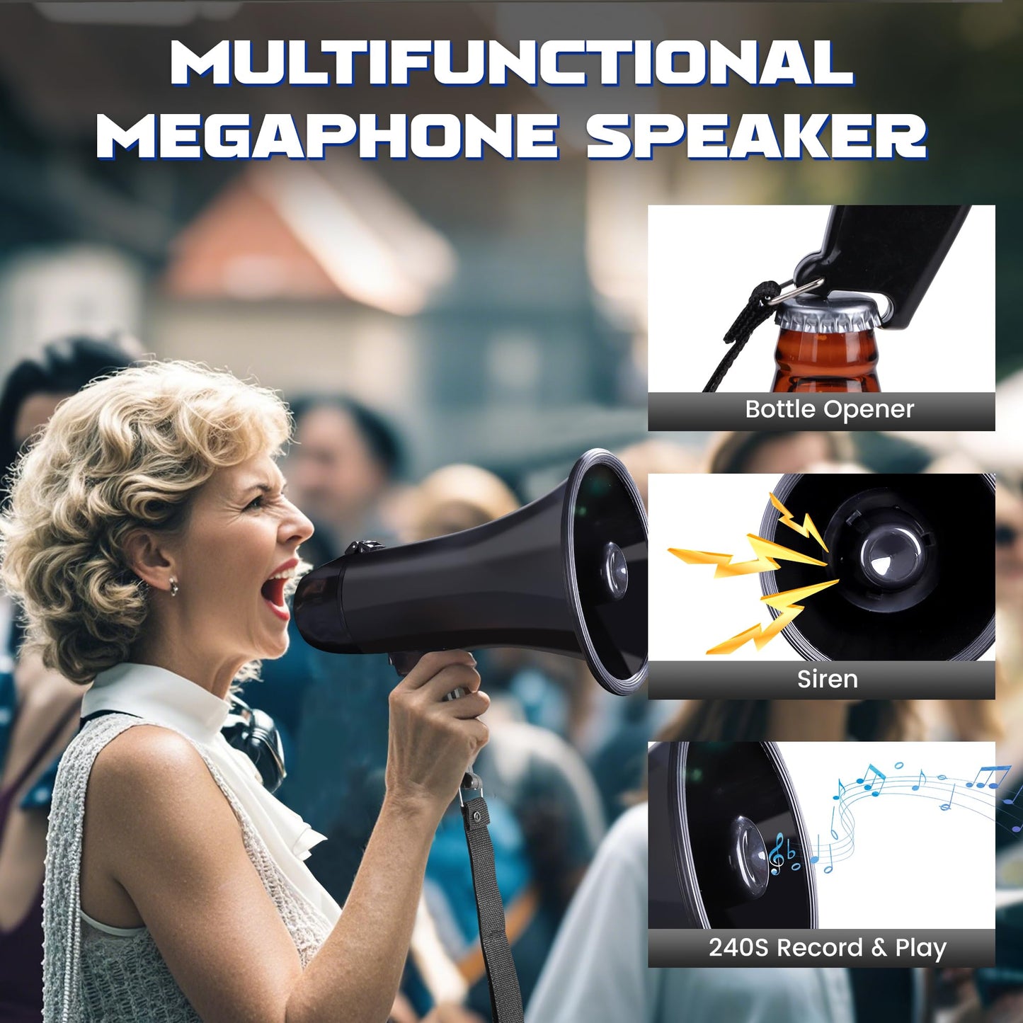 MyMealivos Portable Megaphone Bullhorn 20 Watt Power Megaphone Speaker Voice and Siren/Alarm Modes with Volume Control and Strap (Black)