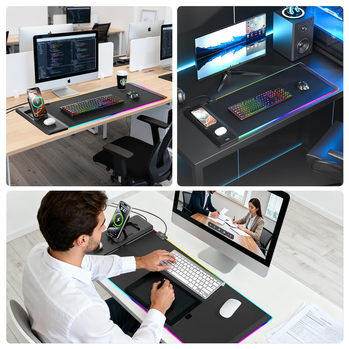 KDD RGB Mouse Pad with Wireless Charging - Desk Mat with Phone Holder and 15W Fast Charger - Gaming Mousepad with Ultra-Smooth Surface, Non-Slip Base - Keyboard Mat for Home Office Gamer Accessories
