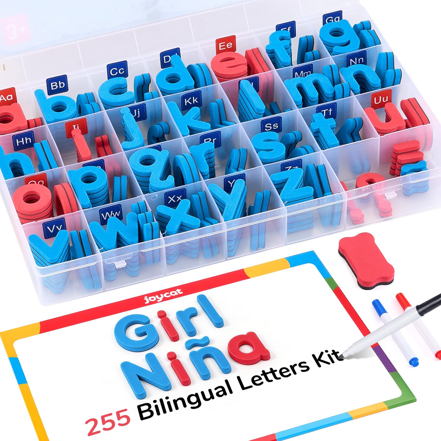 JoyCat Bilingual Magnetic Letters Kit 255 Pcs – Spanish & English Foam Alphabet Set with Double-Side Magnet Board, ABC Learning for Kids Spelling, Phonics & Language Practice