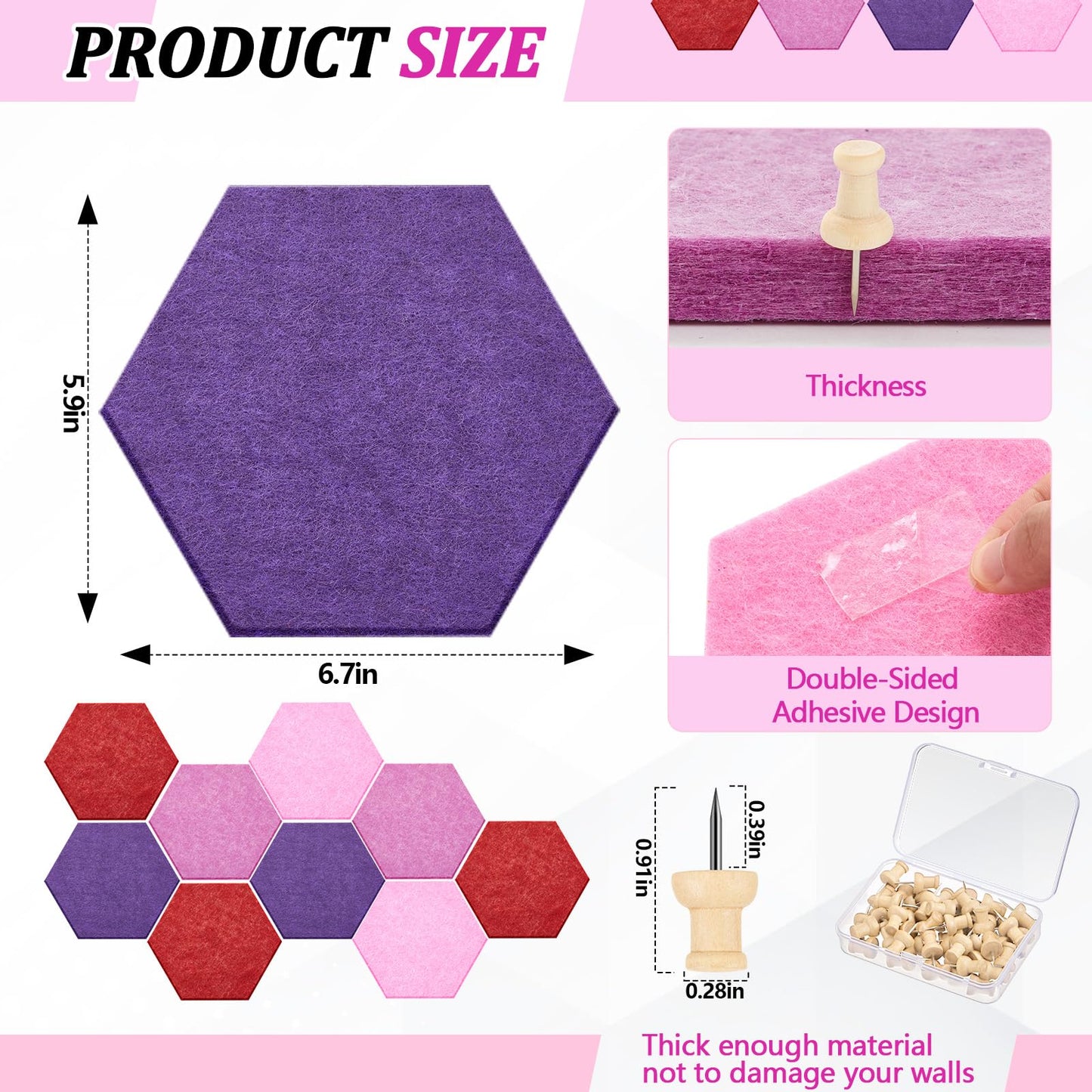 Mindsoft 16 Pcs Hexagon Cork Board for Walls with 50 Wooden Push Pins 6.7 x 5.9 in Felt DIY Tiles Notice with Nano Tape Hanging Bulletin Board for Home Photo Office Memo Note (Gradual Purple)