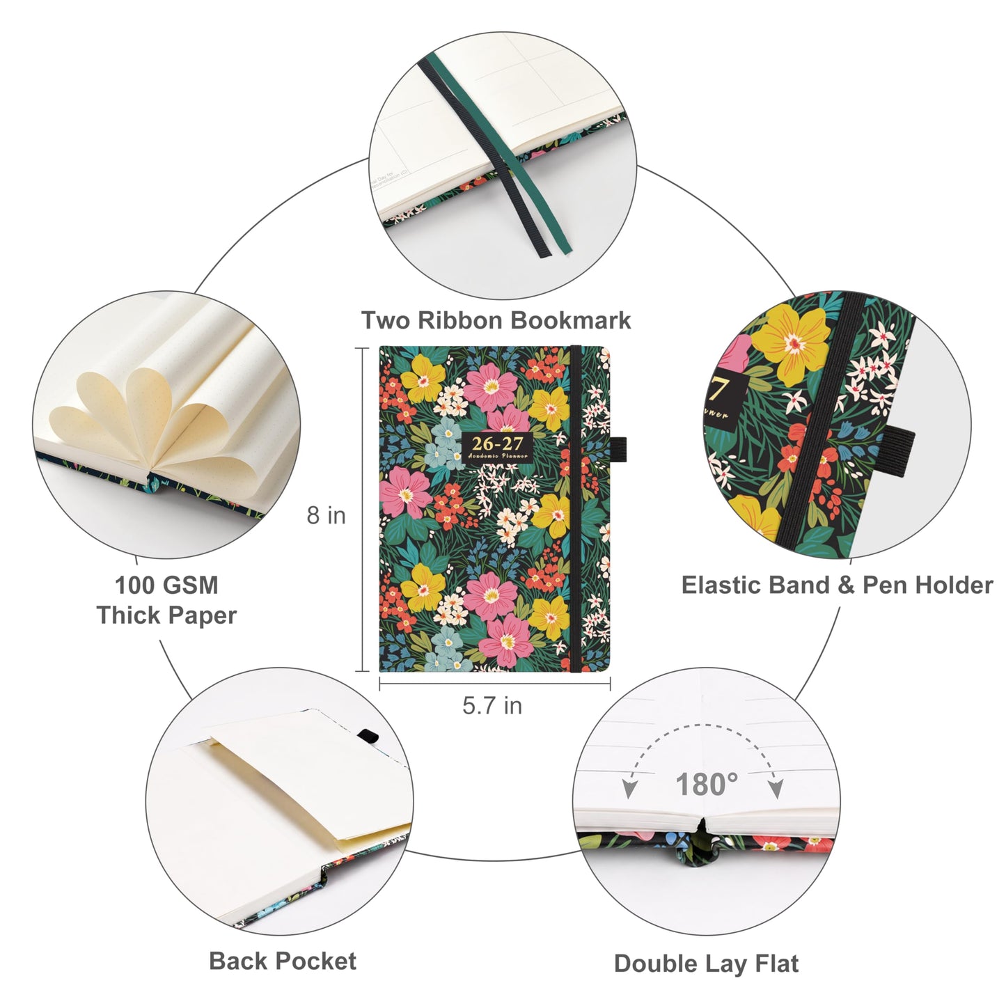 And Per Se Academic Planner 2026-2027 – Weekly & Monthly Planner, July 2026 to June 2027, A5 Leather Hardcover with Inner Pocket – Student & Teacher Organizer, 5.7" x 8"(Vivid Blooms)