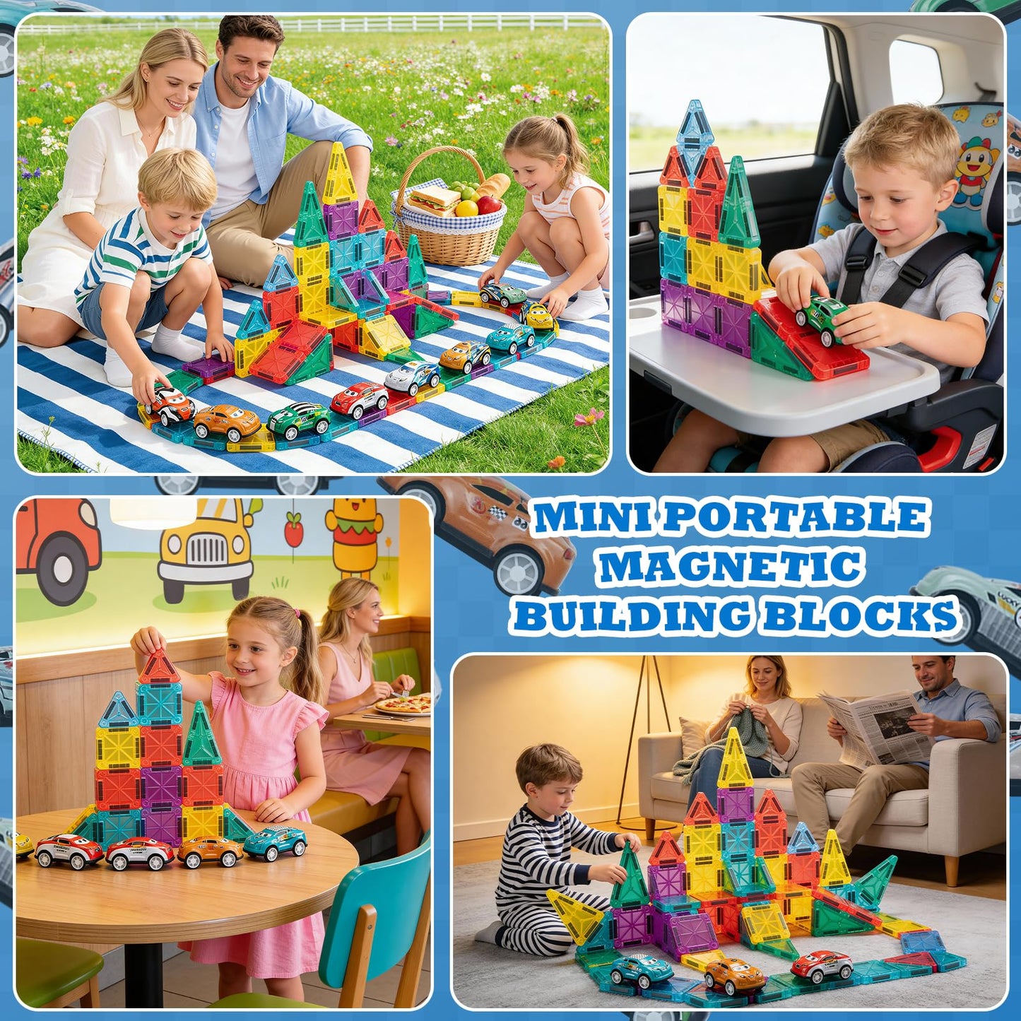 93 PCS Magnetic Tiles Mini Magnetic Building Tiles with Cars, Travel Magnetic Tiles with Storage Bag,STEM Toys for School Acitivities, Ideal Christmas Birthday Gifts for Boys Girls Age 3+ Years Old