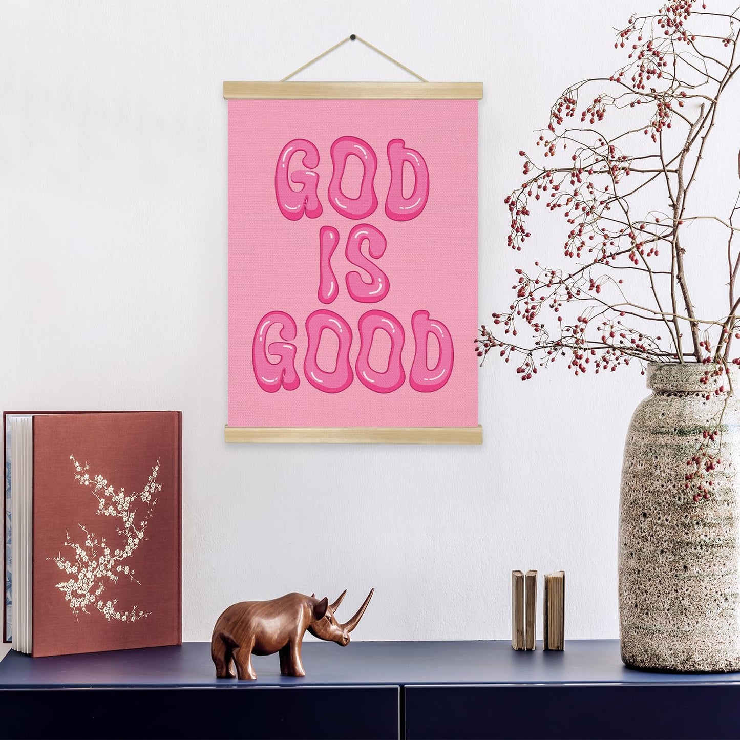 You found a duck God Is Good Wall Art Poster,Pink Bubble Letter Christian Wall Art Decor for Bedroom Nursery Playroom,Inspirational Bible Verse Canvas Hanging Poster 14x18.5Inch (LKY02)