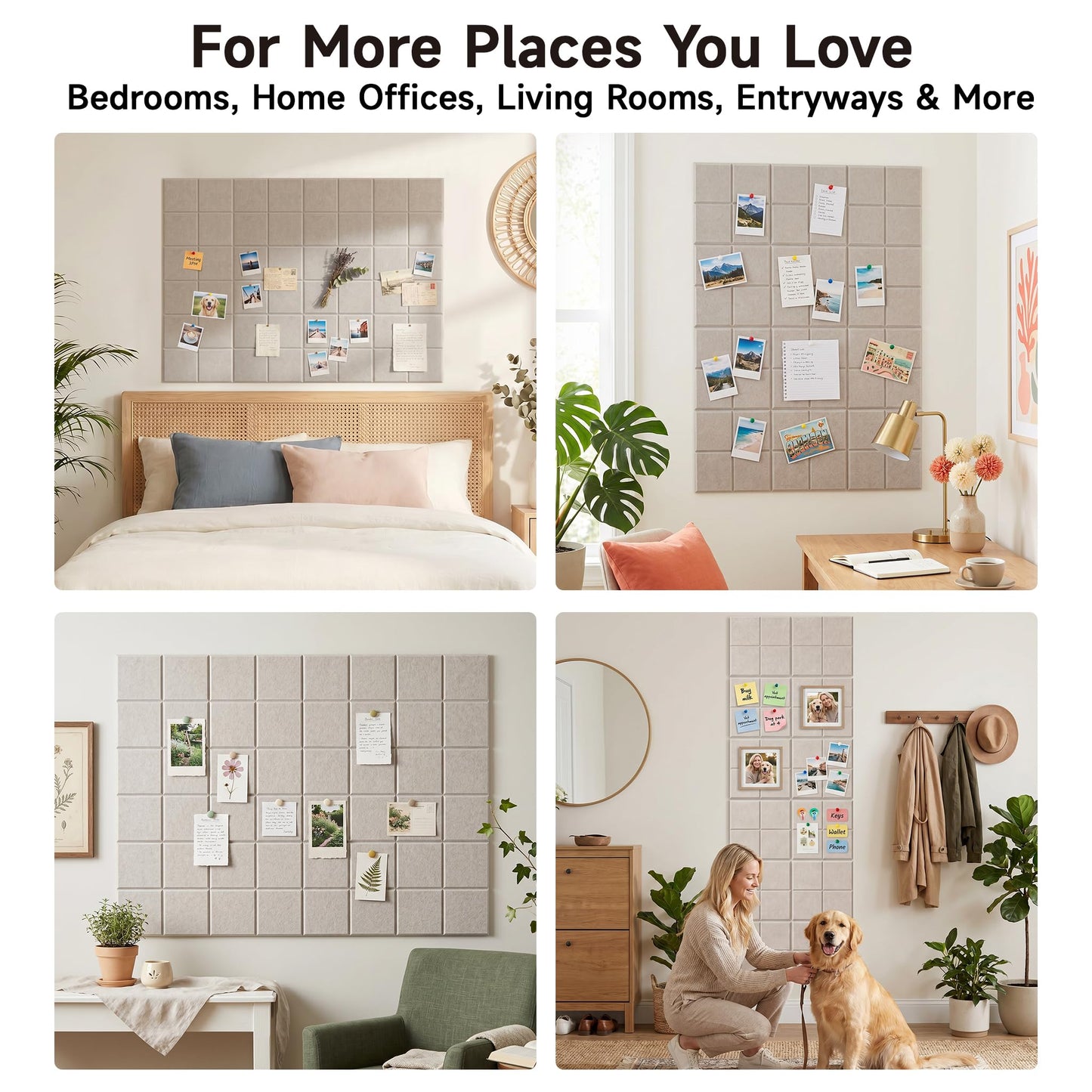 MISSDAY Oatmeal Acoustic Wall Panel Felt Bulletin Board 48" x 36" Cork Board for Wall, 12-Pack Boards with 72 Removable Adhesive Tabs, 50 Pins, Pin Board for Home Office Classroom Soundproof Wall Tile