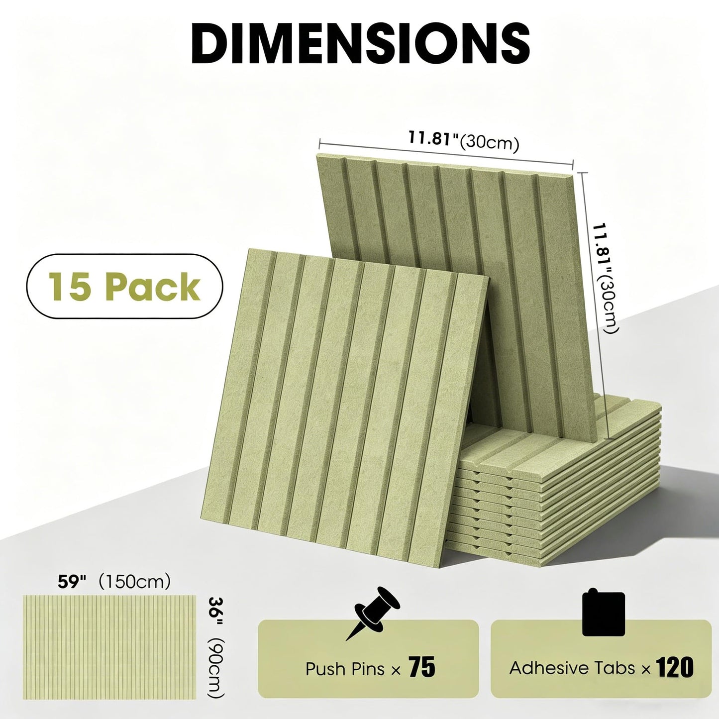 Large Cork Board for Walls 59" x 36",15 Pack 12"X12"Felt Bulletin Board Tiles with 120 Adhesive Tabs,Cork Board Alternative for Office Decor, Push Pin Board Wall Organizer-Sage Green