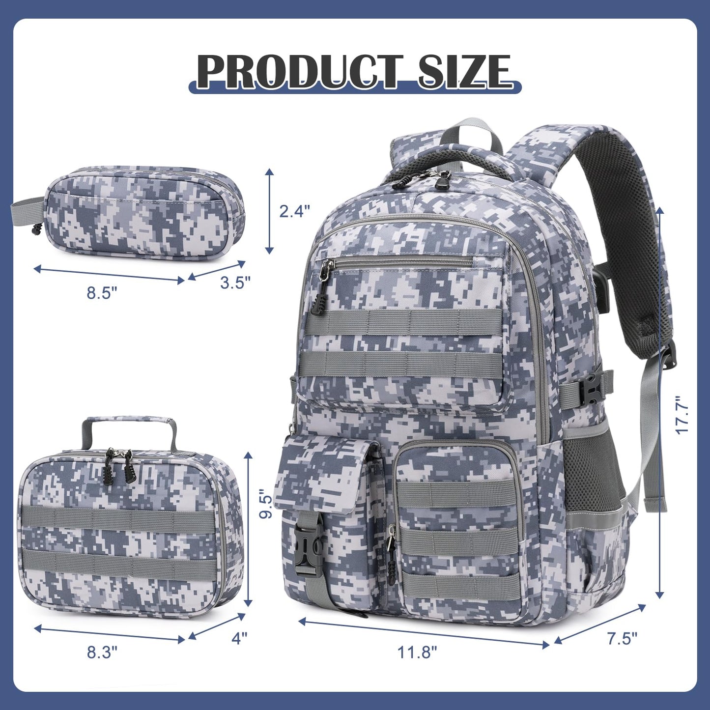 DIGOBAY Camo Backpack for Boys, Tactical Boys Backpack for School, Kids Backpack With Lunch Box Pencil Case USB Charging Port Military Army Book Bags for Boy Teens Kids Elementary Middle High School