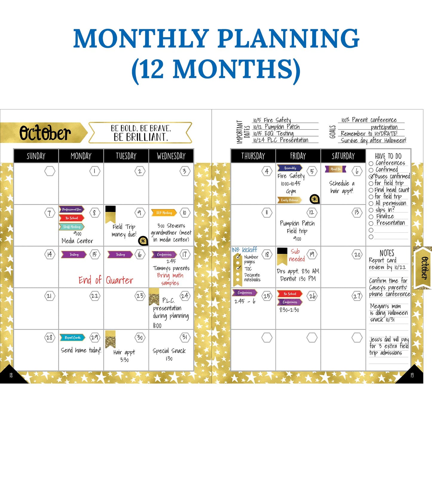 Carson Dellosa Sparkle and Shine Teacher Planner, 8" x 11" Black and Gold Spiral Bound Lesson Plan Book With Stickers, Checklist, Notes, School Supplies for Classroom Organization