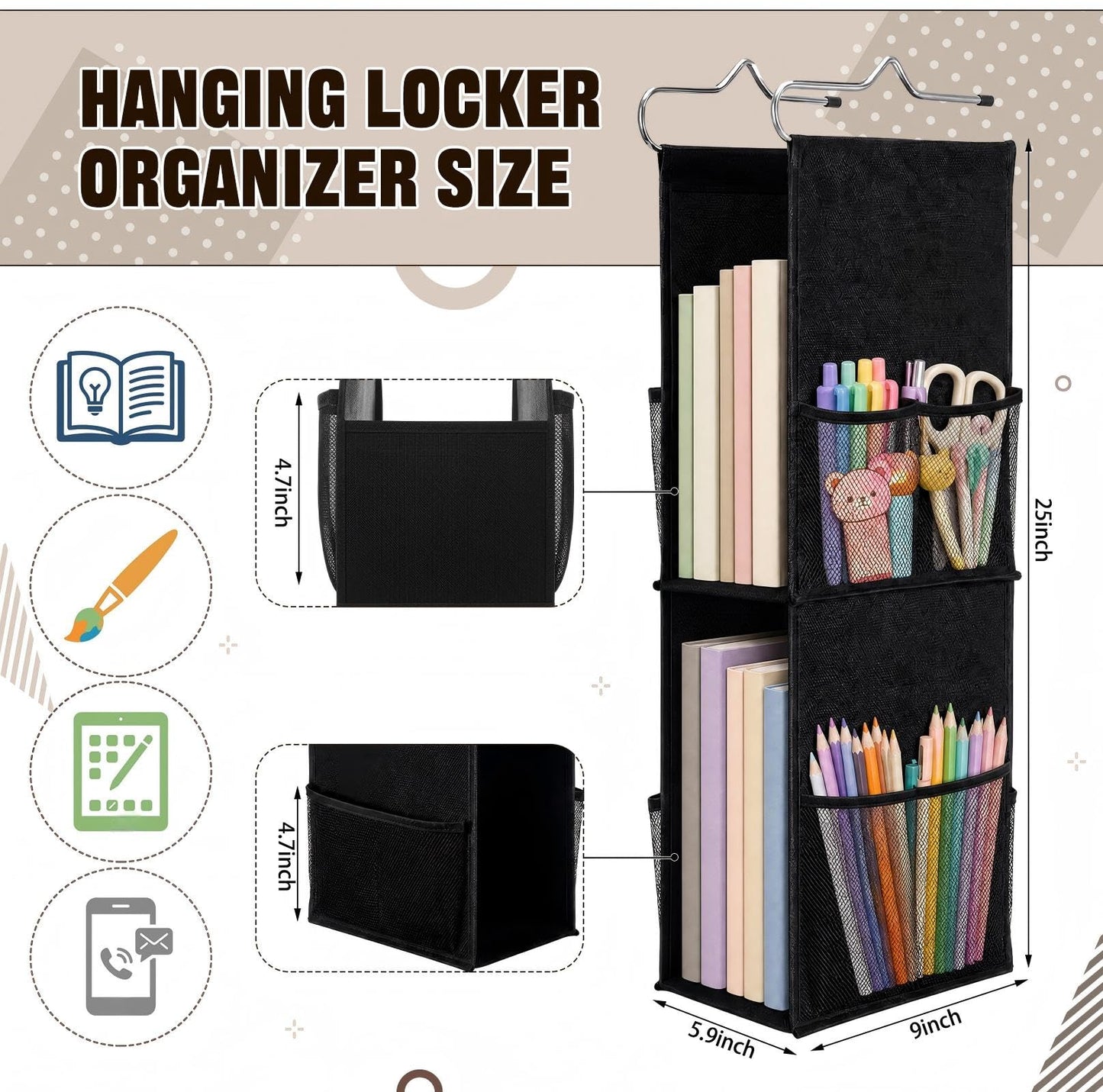 Chapou 1 PC Hanging Locker 2 Layer Shelves Hanging Locker Organizer Accessories for Office School Gym Closet Home Supplies(Black)