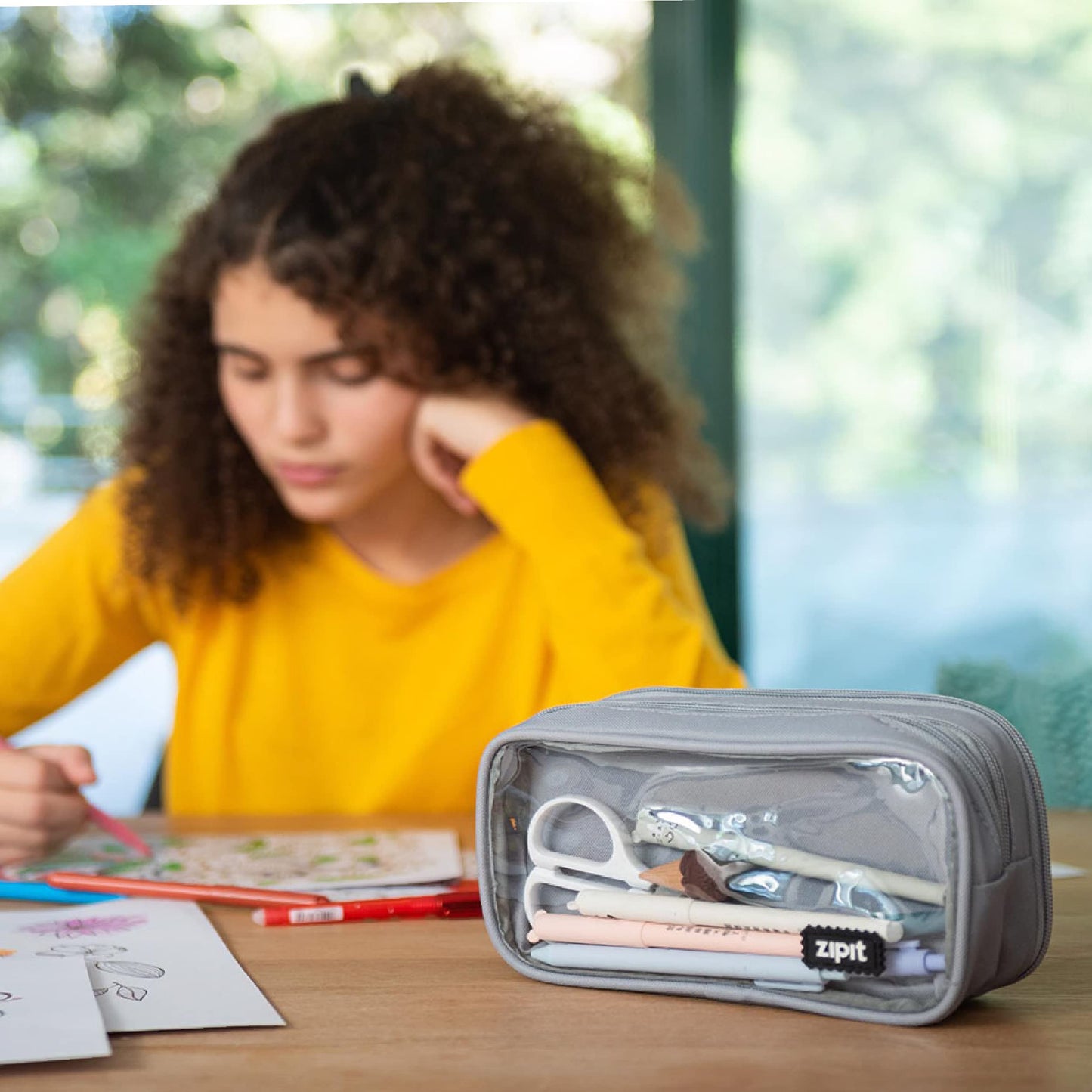ZIPIT Half & Half Pencil Case, 3 Compartment Zipper Pouch for School, Stationery Bag for Teen Girls Boys and Adults, Grey