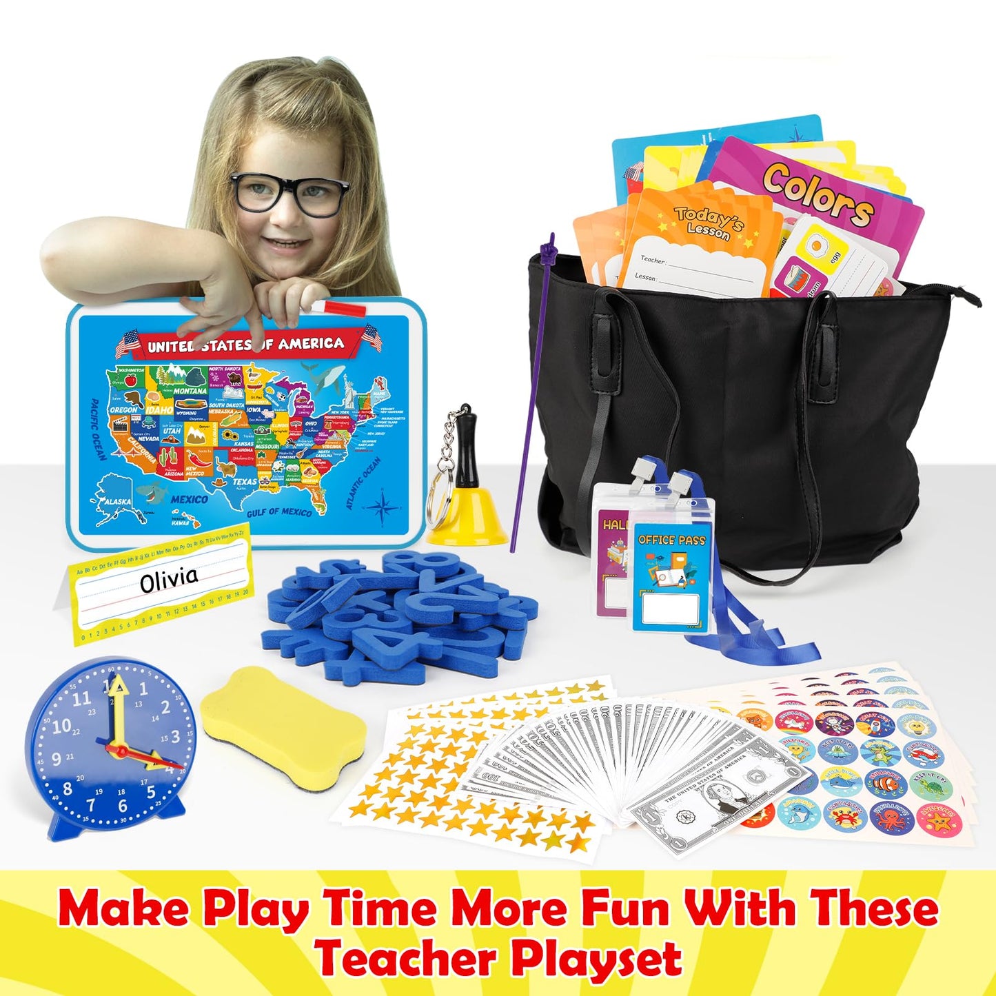 Edulok 115 PCS Pretend Play Teacher Set for Kids, with Magnetic Numbers, Bell, Money Games, Alphabet Posters, USA Maps, Learning Education Toys Kindergarten Classroom School Supplies Toys Playset Kit