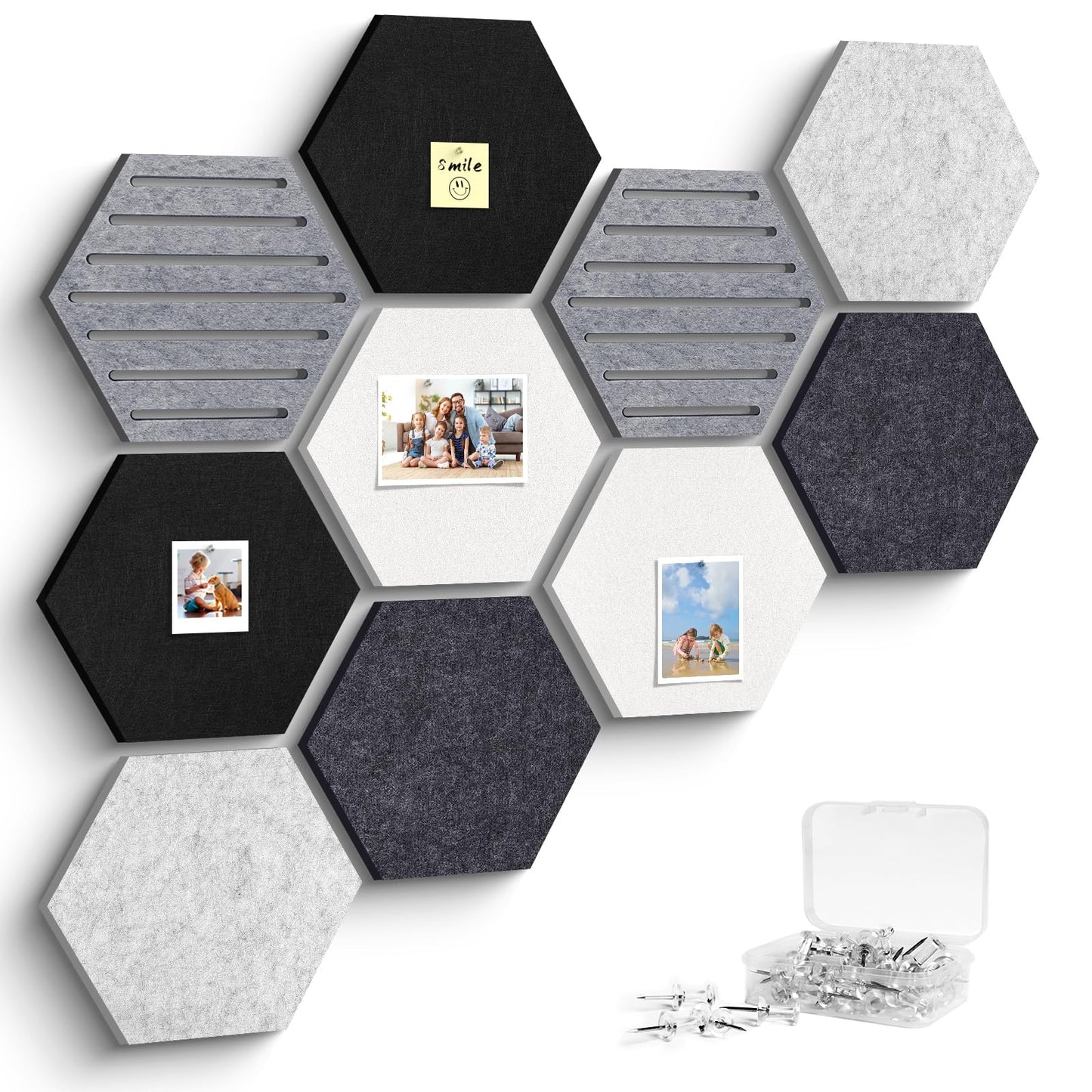 Hexagon Cork Bulletin Board Tiles, 10 Pack Felt Board with 25 Push Pins, Photo Display Board for Office & Home Classroom Wall Decor, 11.8x10.2 Inches