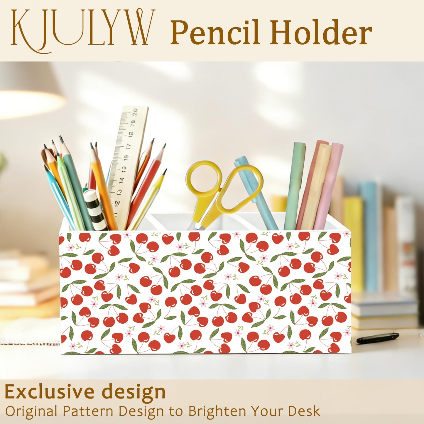 KJULYW Cute Cherry Pen Holder for Desk, Cherry Gifts for Women, Girly Aesthetic Cherries Floral Wooden Box Pencil Pen Holder Organizer for Home Office Desk Accessories