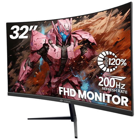 CRUA 32Inch Curved Gaming Monitor, FHD(1920 * 1080P) VA Screen 165Hz/200Hz, 1800R VA Screen, 120% sRGB, Computer Monitor that Support AMD Freesync, HDMI, DP, Wall Mountable Installs-Black