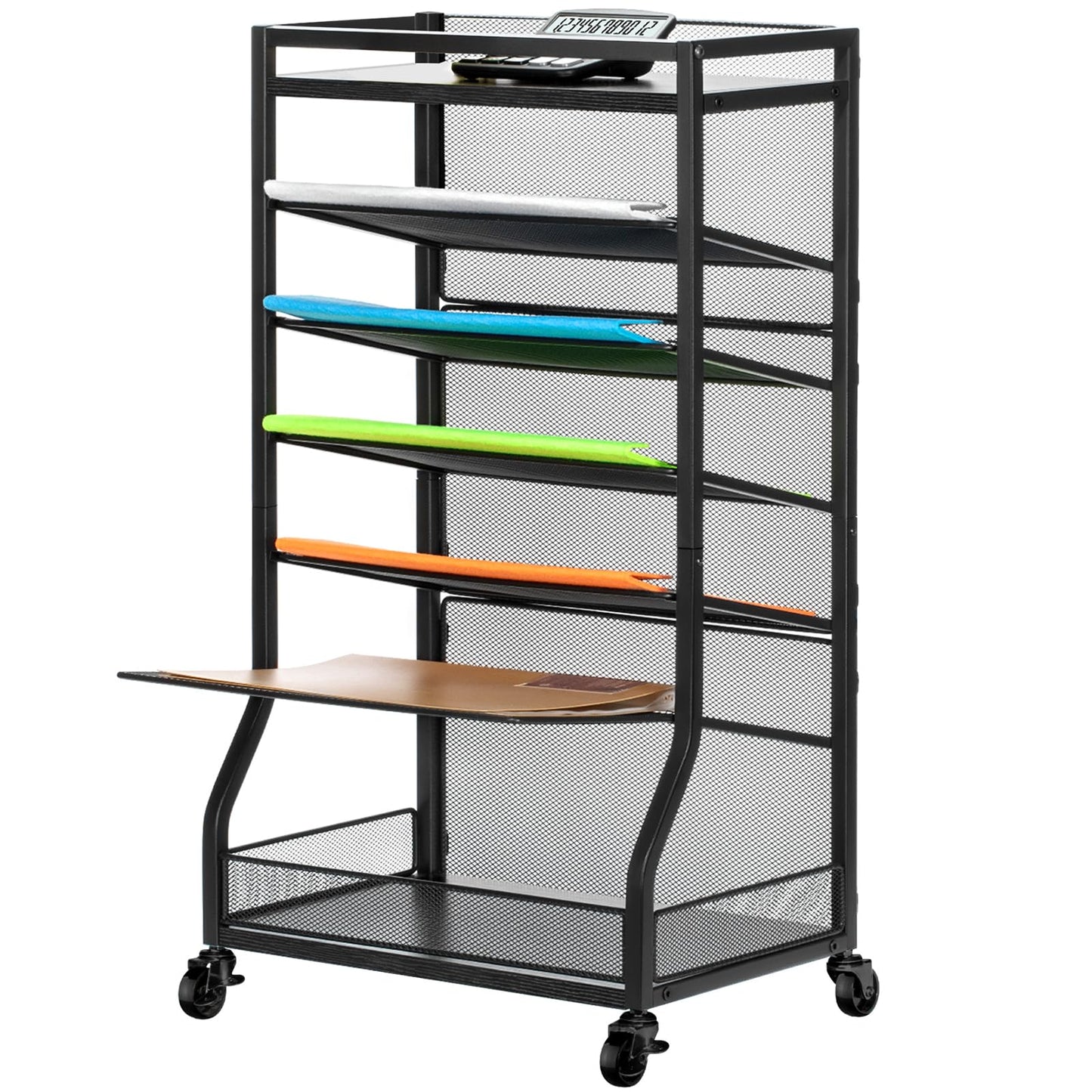 ThreeHio 7 Tier Rolling File Cart with Sliding Trays, Wood Metal File Organizer Beside Desk, Free-Standing File Holder, Paper Letter Tray Organizer Mesh Desk Organizer for Home Office School (Patent)