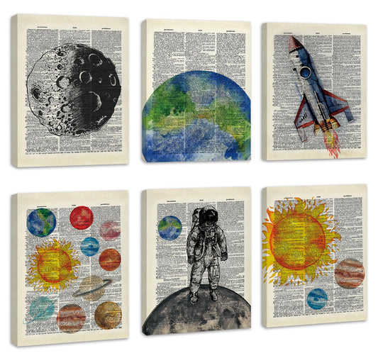CHDITB Space Exploration Canvas Wall Art, Solar System Wall Decor, Set Of 6 Dictionary Outer Space Poster With Frame Astronaut Wall Art Universe Art Prints For Kids Room Nursery Decor (8x10 Inches)