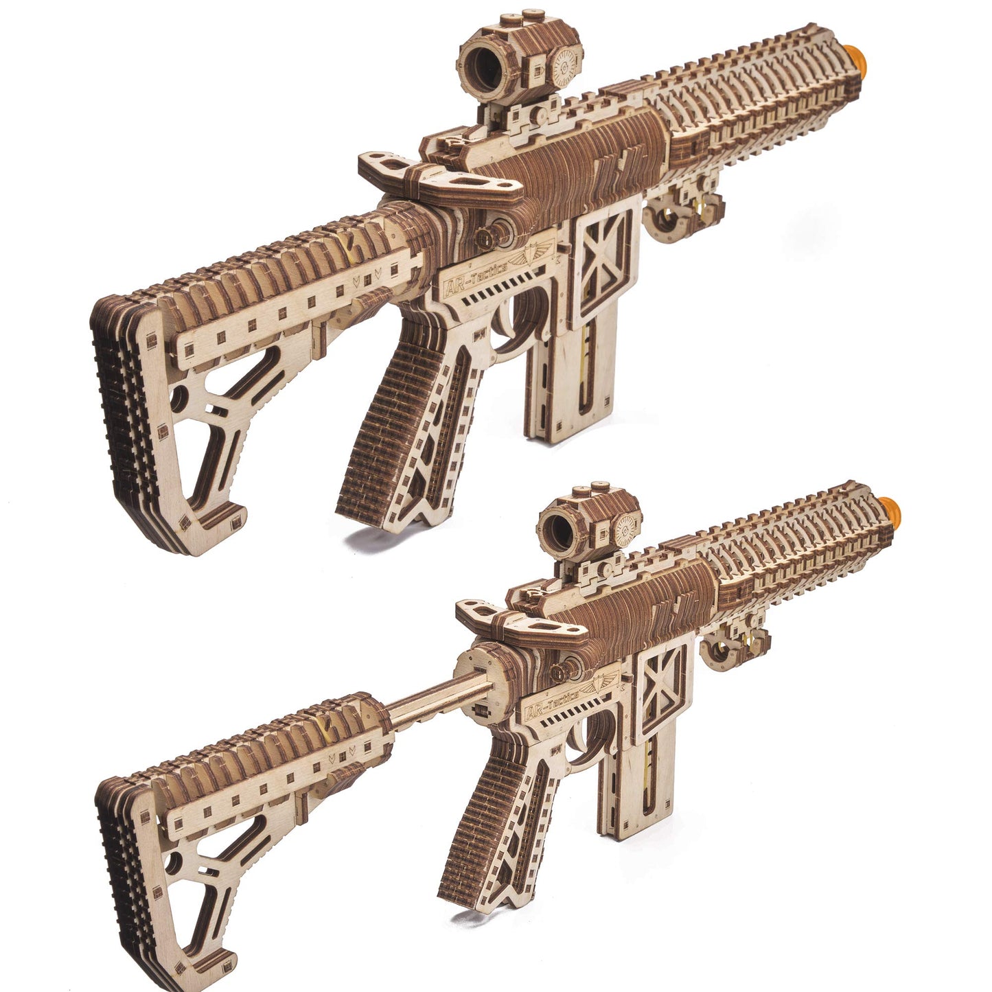 Wood Trick Gun AR-T 3D Wooden Puzzles for Adults - with Telescoping Butt, Fuse, Sight and Clip for 12 Rounds - Detailed Construction - 23x8″ - Model Kit for Adults to Build - 14+
