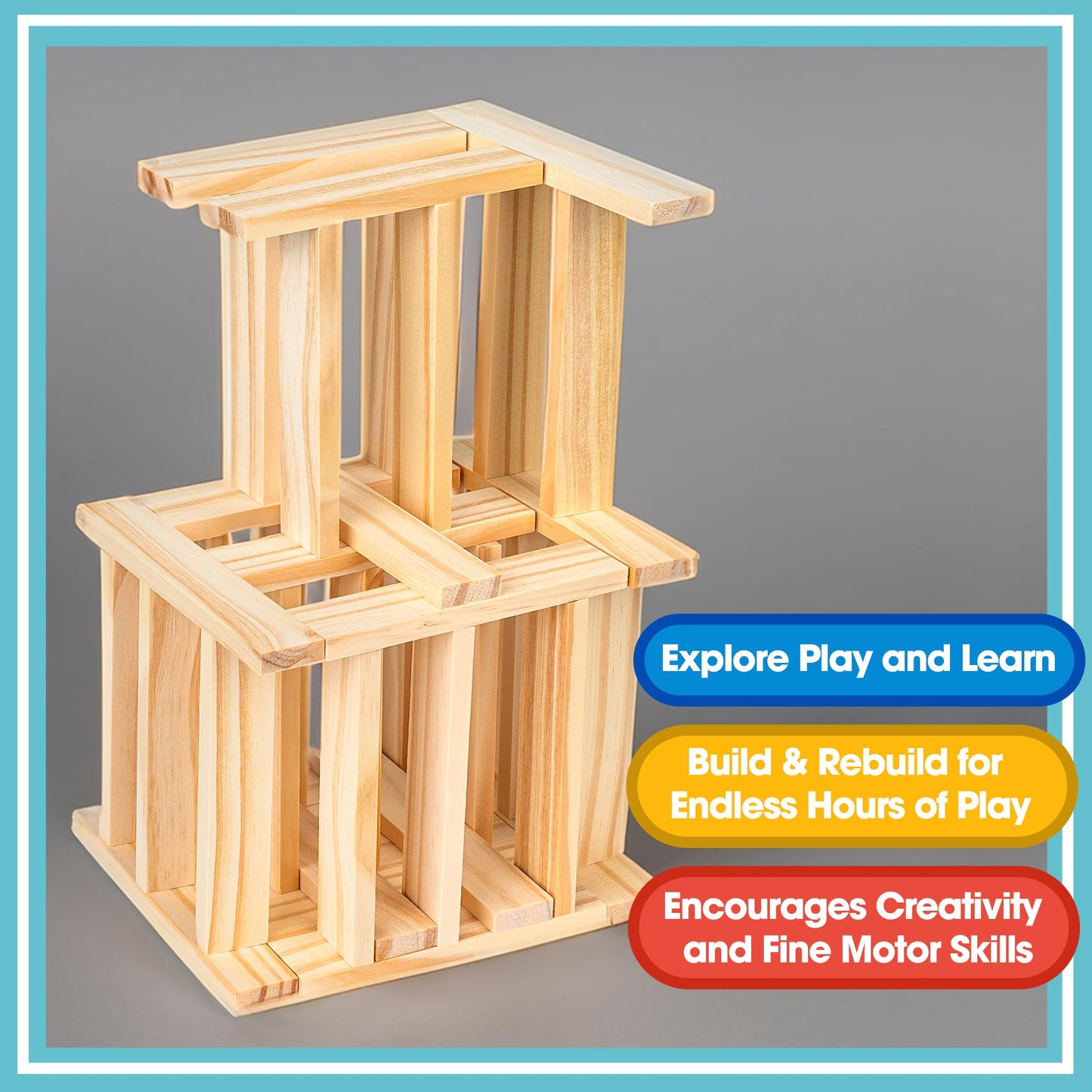 Play Build Wooden Building Blocks Set - 200-Piece Plank Block Construction Toys, STEM Educational Wood Toy for Kids and Toddlers