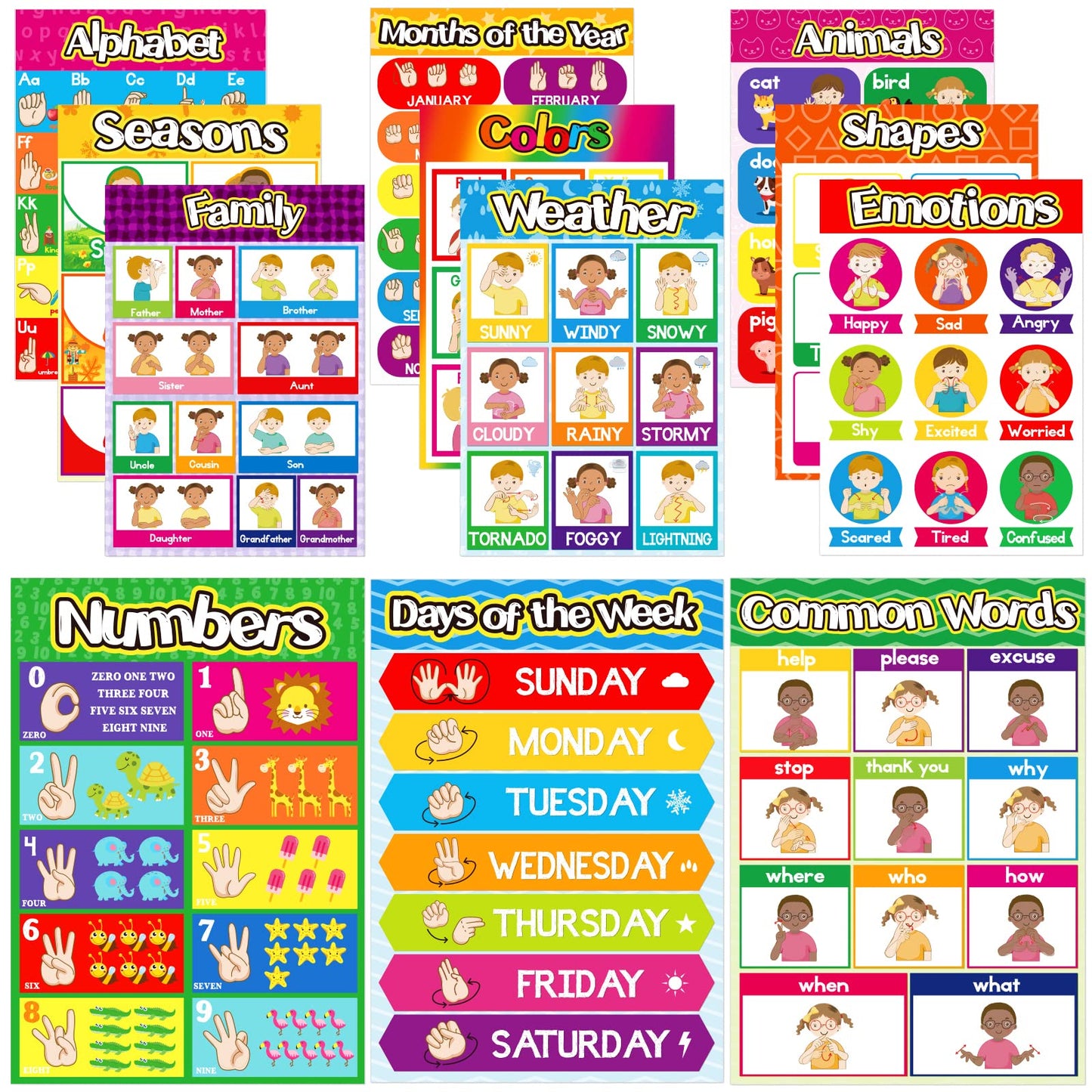 Sign Language Poster ASL Poster for Classroom 12 Pieces ASL Posters Sign Language Flash Cards for Toddlers Kids Students Classroom Decoration