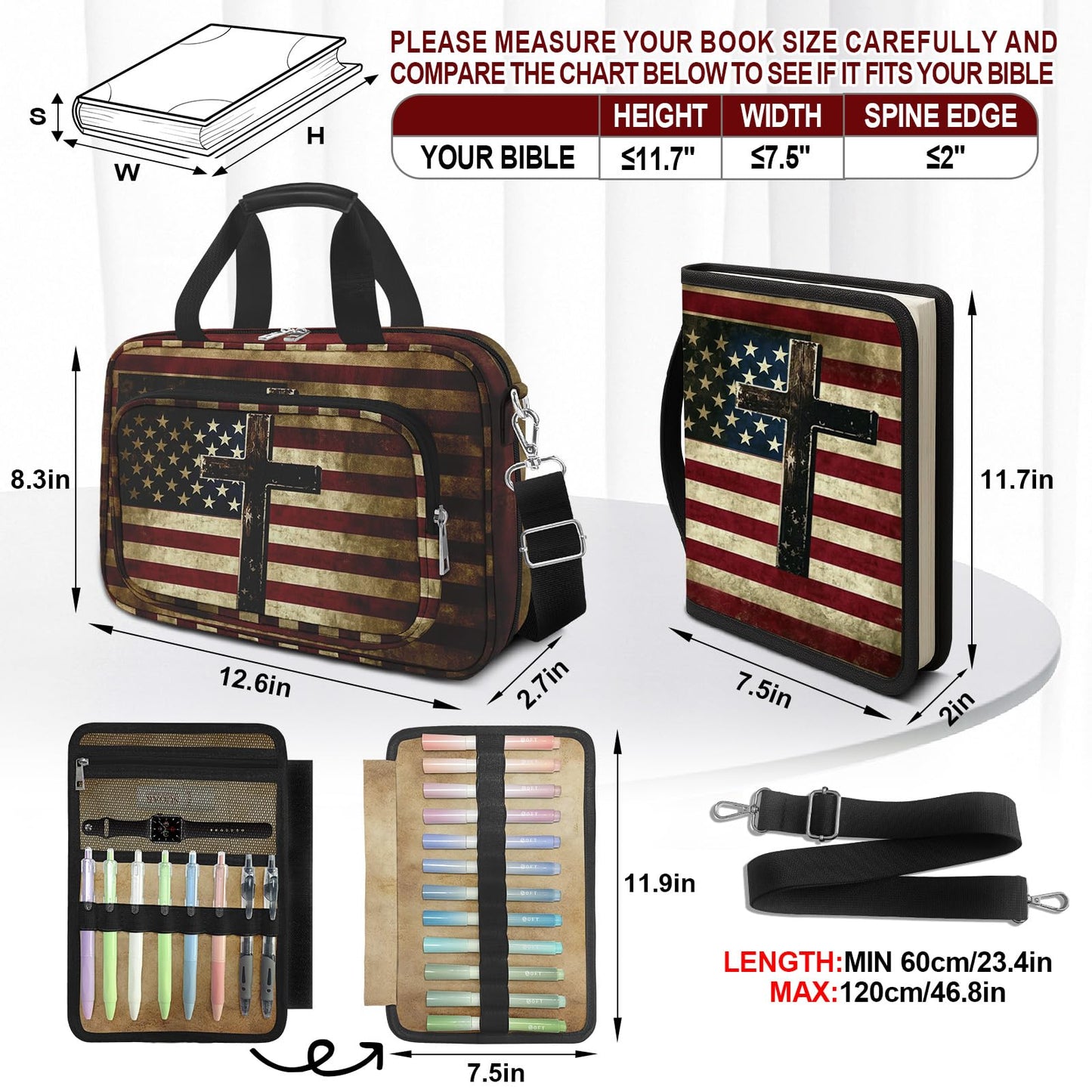 American Flag Cross Bible Cover Case for Women Men Boys, Large Bible Bag Book Carrying Case with Strap & Handle Zipper Pocket, Bible Study Supplies Journaling Kit, Highlighters and Pens Cross Clips