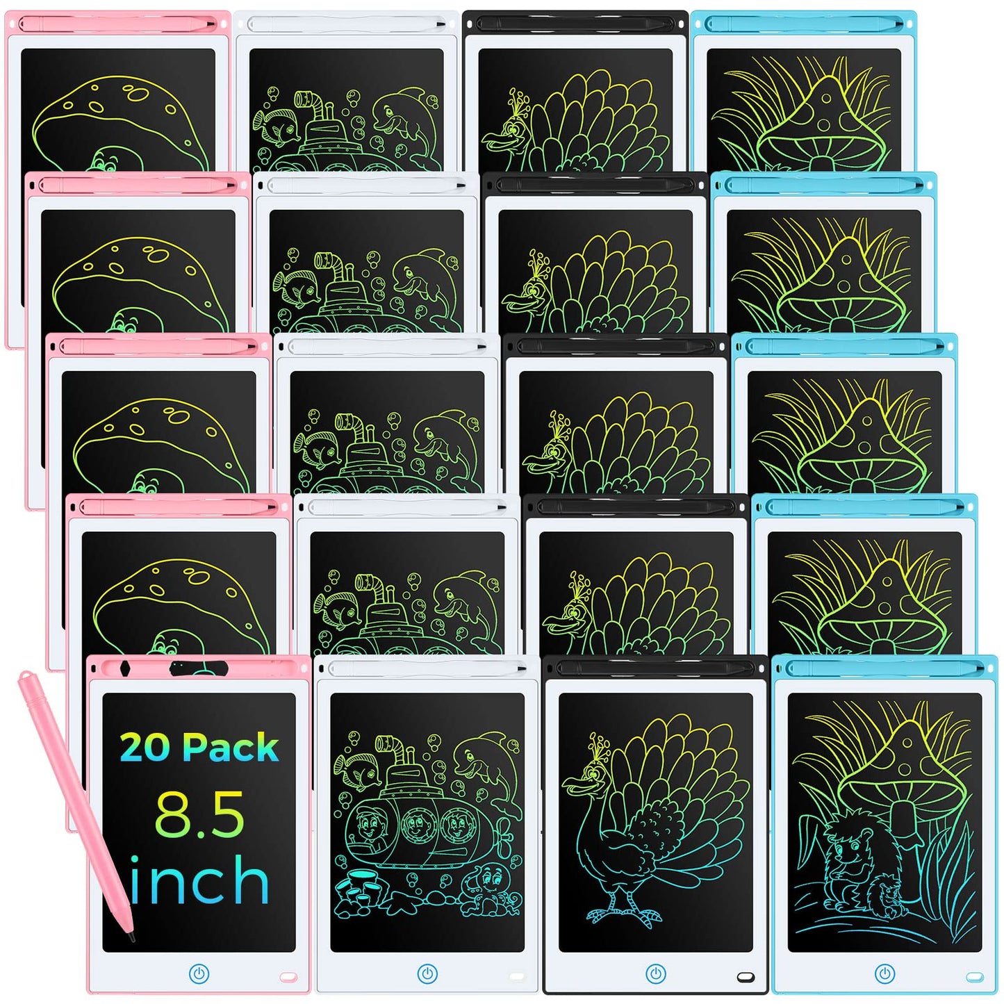 Zhehao 20 Pack LCD Writing Tablet for Kids: 8.5 Inch Colorful Drawing Doodle Boards - Reusable Erasable Doodle Board Educational Learning Toys Gifts for Toddlers Ages 3-8 Party Favors(Pastel,Classic)