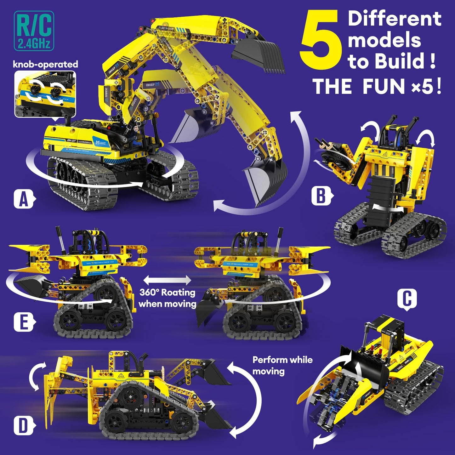LECPOP 5 in 1 Building Toys STEM Robotics Kit, 430 PCS Blocks RC Robot Erector Sets, APP & Remote Control Excavator Science Kits for Kids Age 6 7 8 9 10 11 12-14, DIY Educational Gift for Boys & Girls