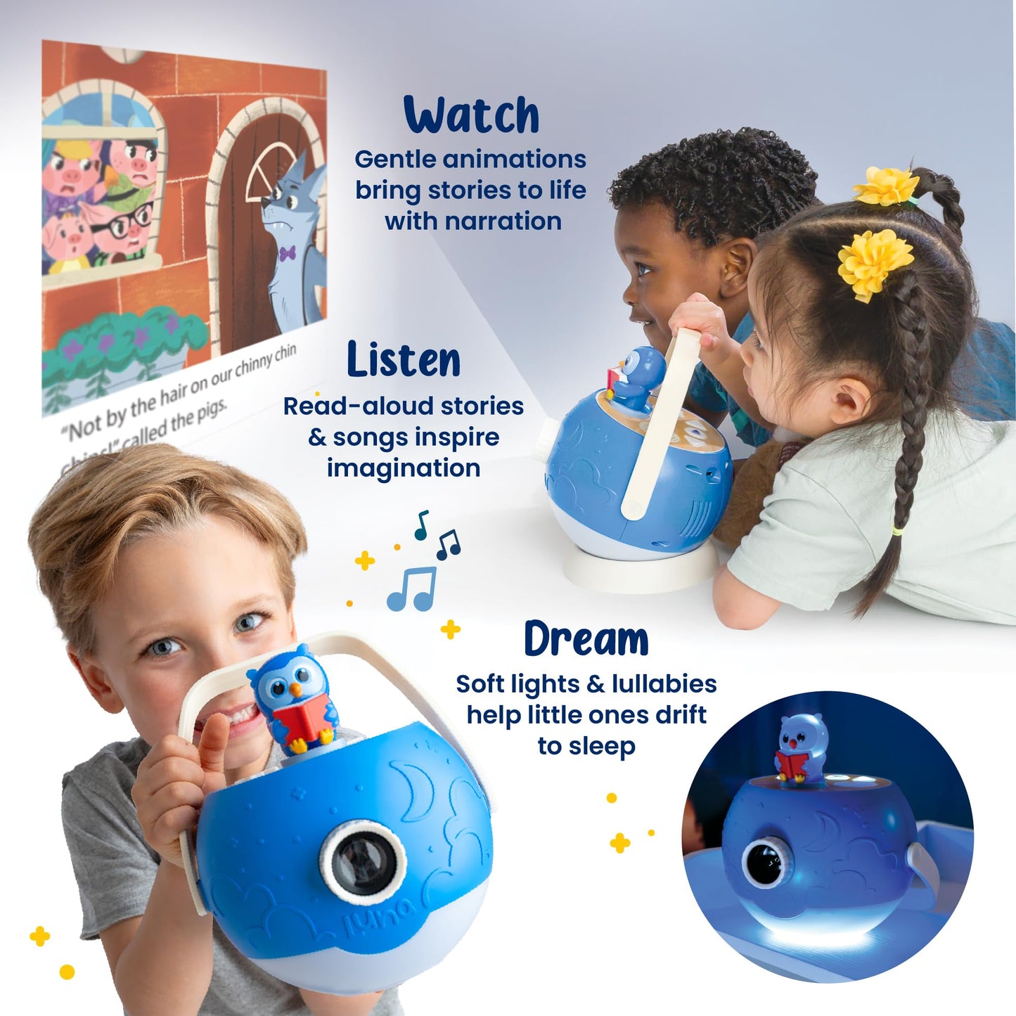 LUNA STORYTIME Kids Book Projector - 5 Read-Aloud Stories, 5 Songs, Night Light & Soothing Dream Music | Children Ages 3+ Storytime Projector for Kids & Toddlers | Educational Toys, Owl
