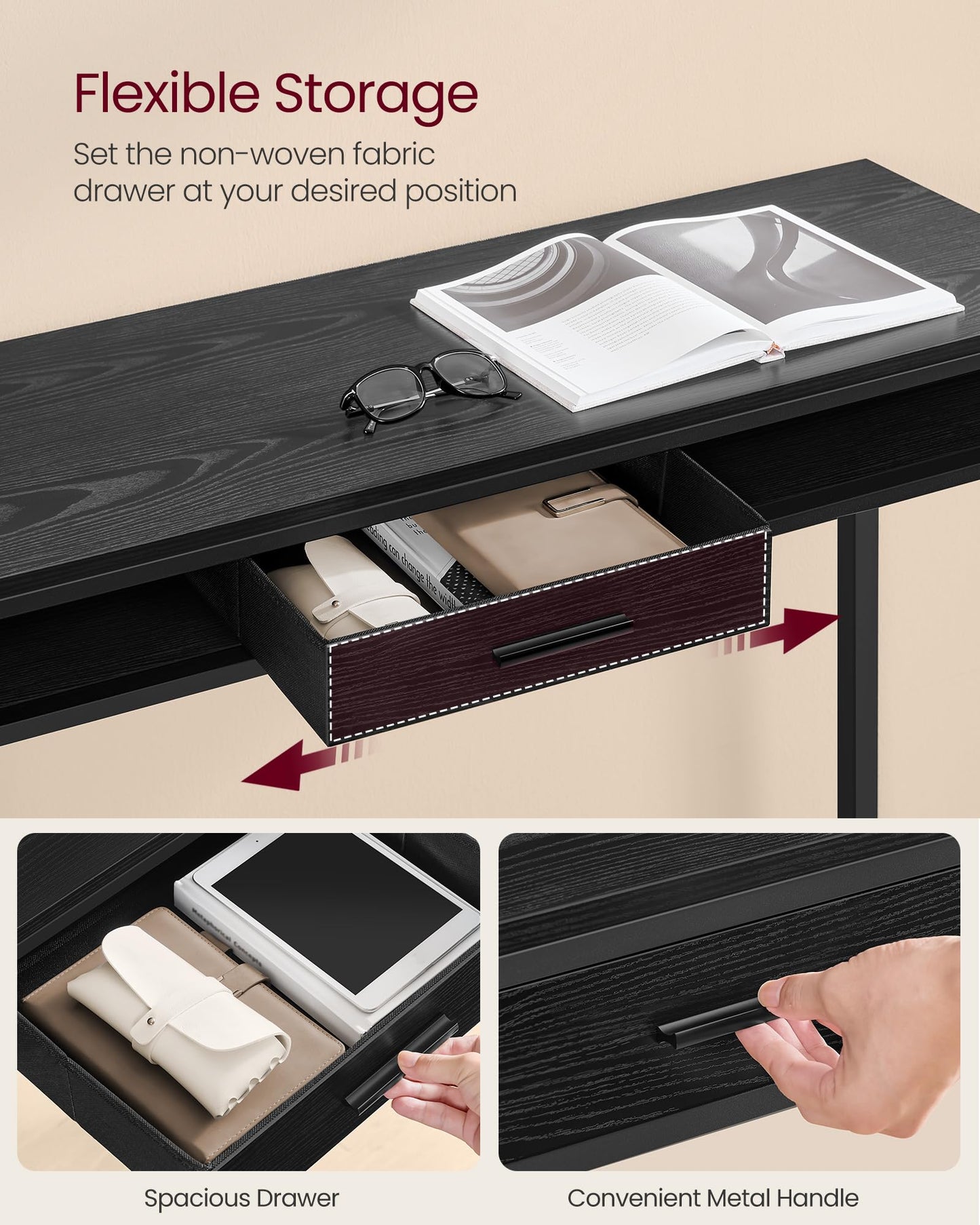 VASAGLE Bar Table with Power Outlets, 47.2 Inches Long Bar Height Pub Table, Rectangular High Top, with Movable Drawer, 2 Hooks, Narrow Storage for Kitchen, Dining, Entryway, Ebony Black