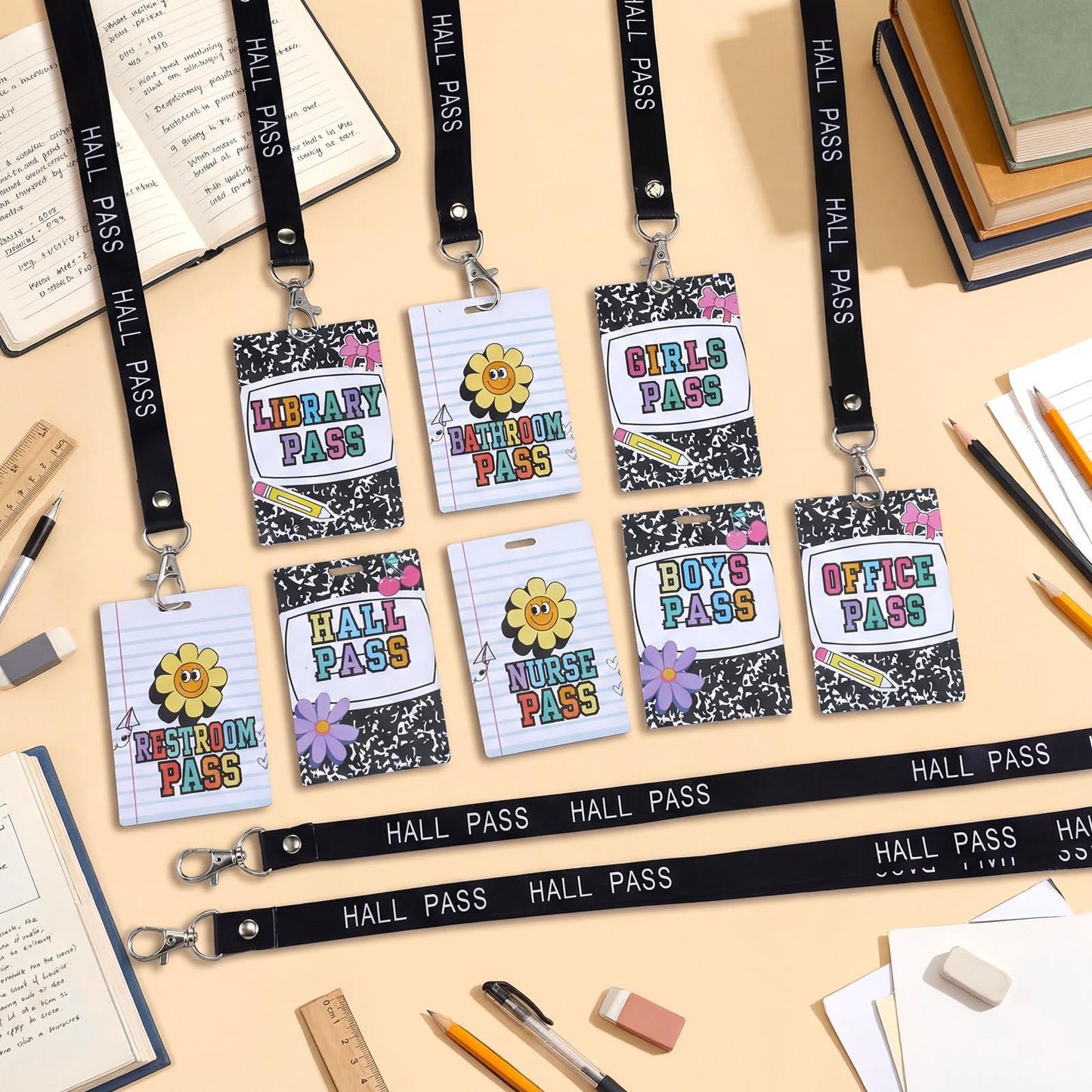 Fuyoooo 16 Set Flower Hall Pass Lanyards Unbreakable PVC Composition Notebook Classroom Passes with Lanyards Bathroom Boy Girl Library Hall Office Nurse Pass 2.4 x 3.5