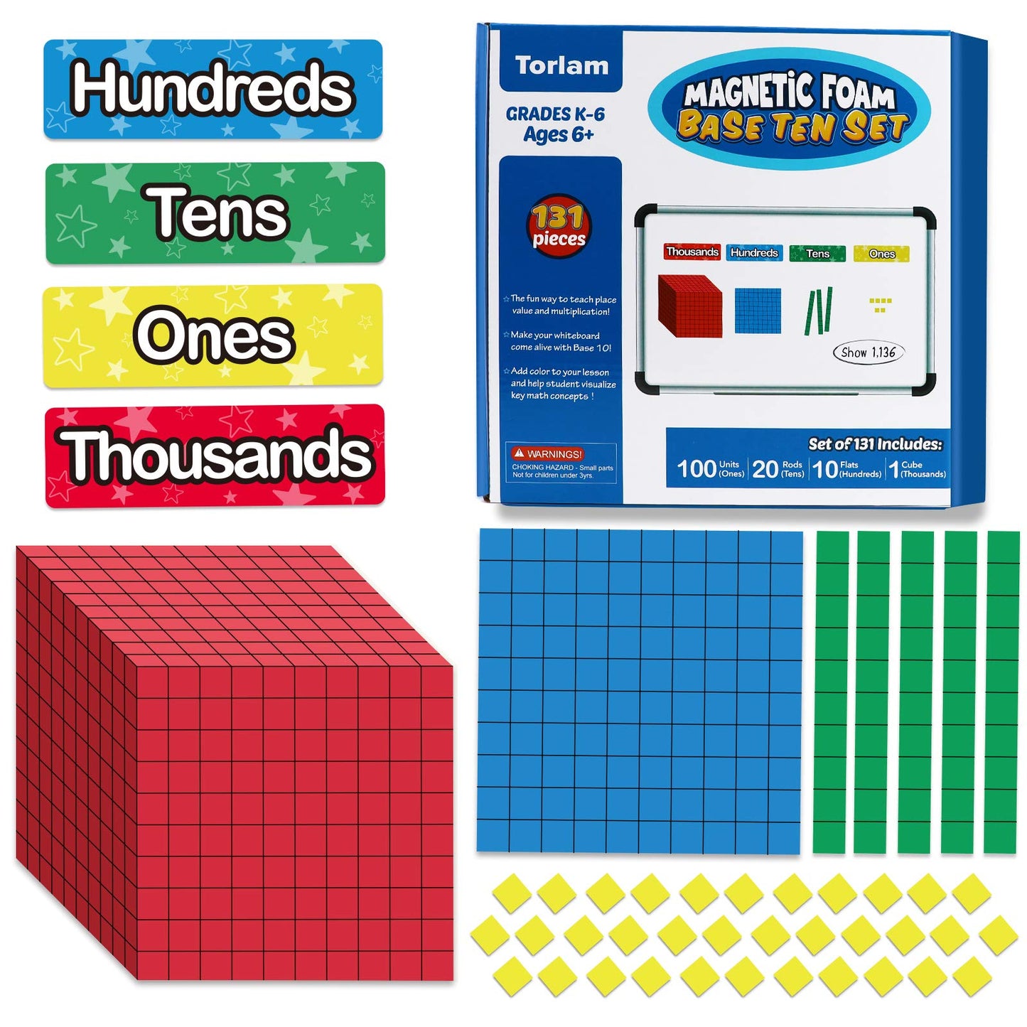 Torlam 131 PCS Magnetic Base Ten Blocks - Place Value Blocks -Math Manipulatives K-3 for Elementary Classroom, Math Counters, Counting Cubes for Kids, Base 10 for 1st 2nd 3rd Grade