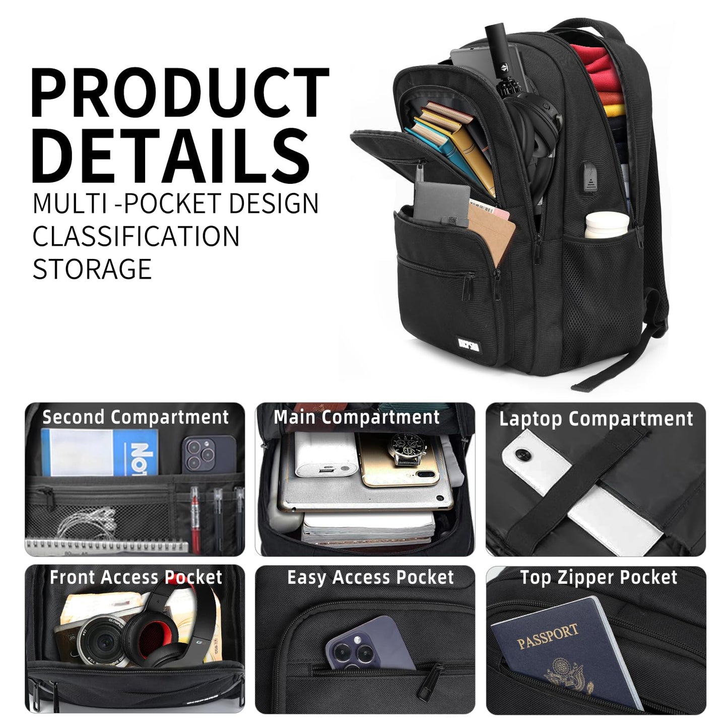 Black Backpack for Men Women, 15.6 inch Laptop Backpack for School, School Backpack for Boys Girls Teens, College Book Bag with USB Port, Water Resistant Bookbag, Business Work Travel