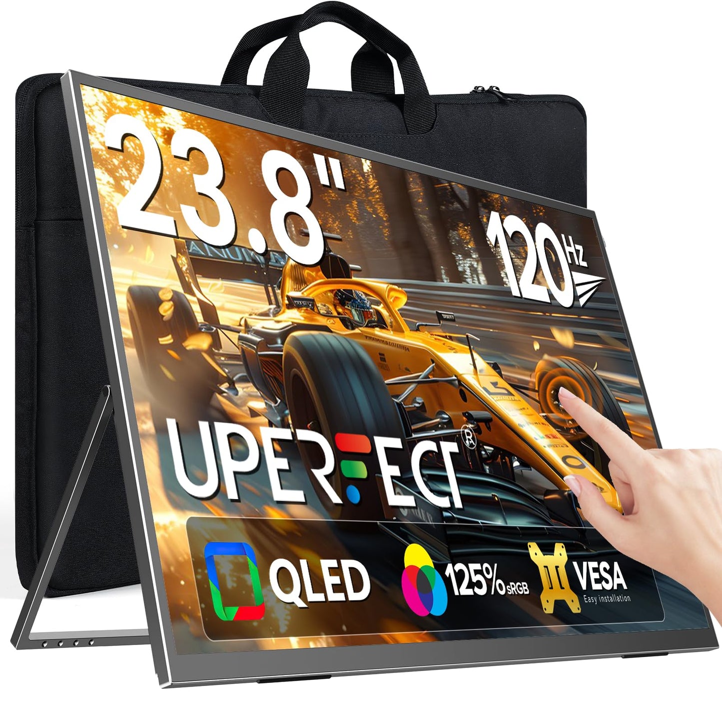 UPERFECT 24" 120Hz QLED Portable Touchscreen Monitor 1080P 125% sRGB 400Nits w/Stand & VESA, HDMI USB-C Travel Monitor for Laptop/Gaming Devices/Phone/Mini PC, External Second Screen for Gaming & Work