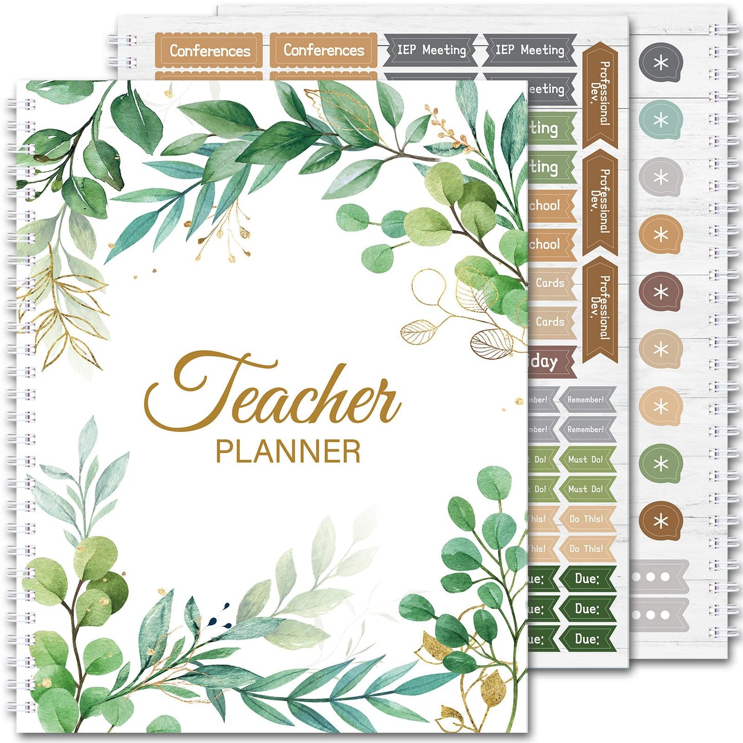 Fuyoooo Eucalyptus Teacher Planner Undated Academic Year Teacher Lesson Planner Book Green Plants Daily Weekly Monthly Spiral Planner Checklist Organizer with Stickers for Classroom, 8.5'' x 11''