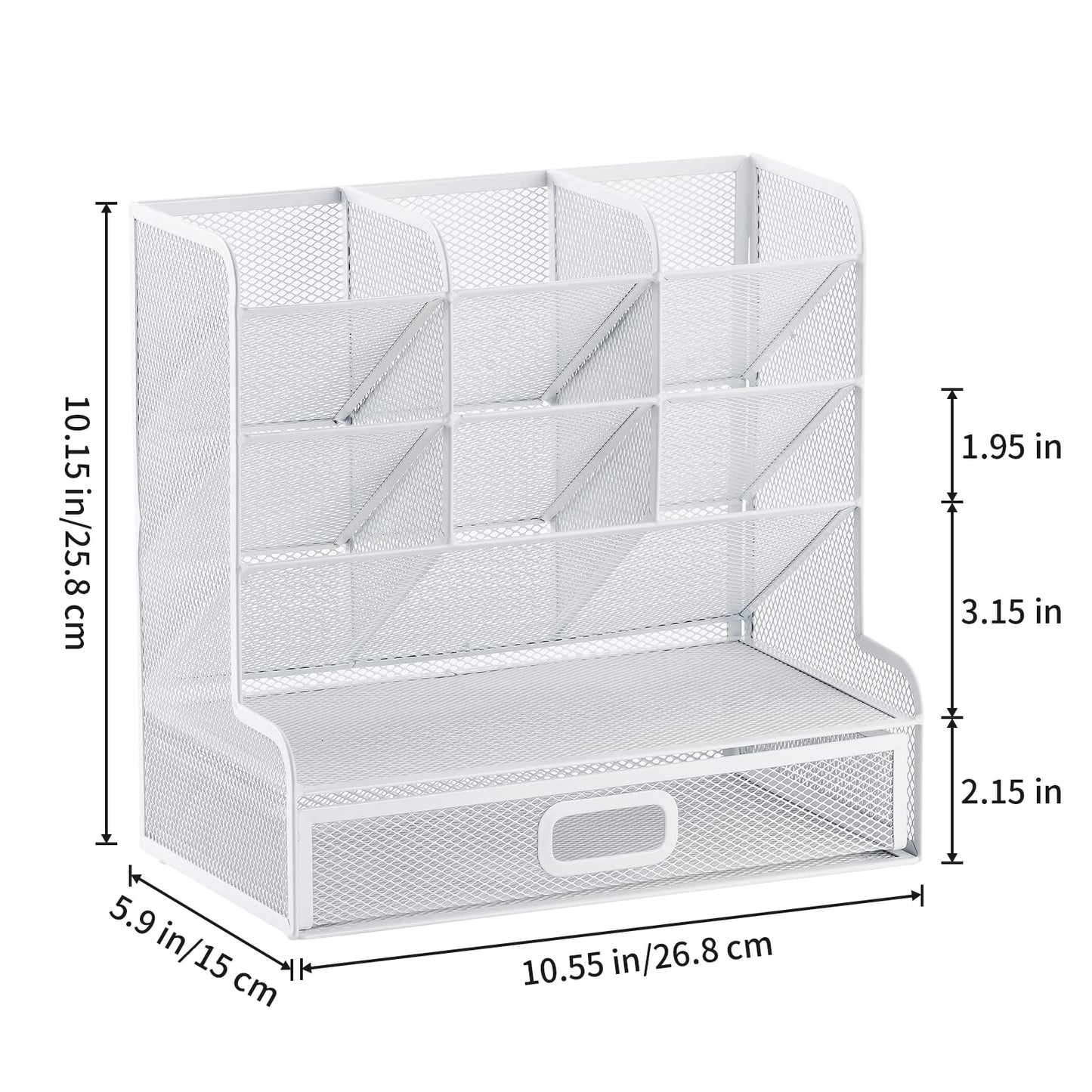 Marbrasse Mesh Desk Organizer - Multi-Functional Pen Holder with Drawer, Desktop Stationary Storage Rack for School, Home, Office, Art Supplies (White Mesh)