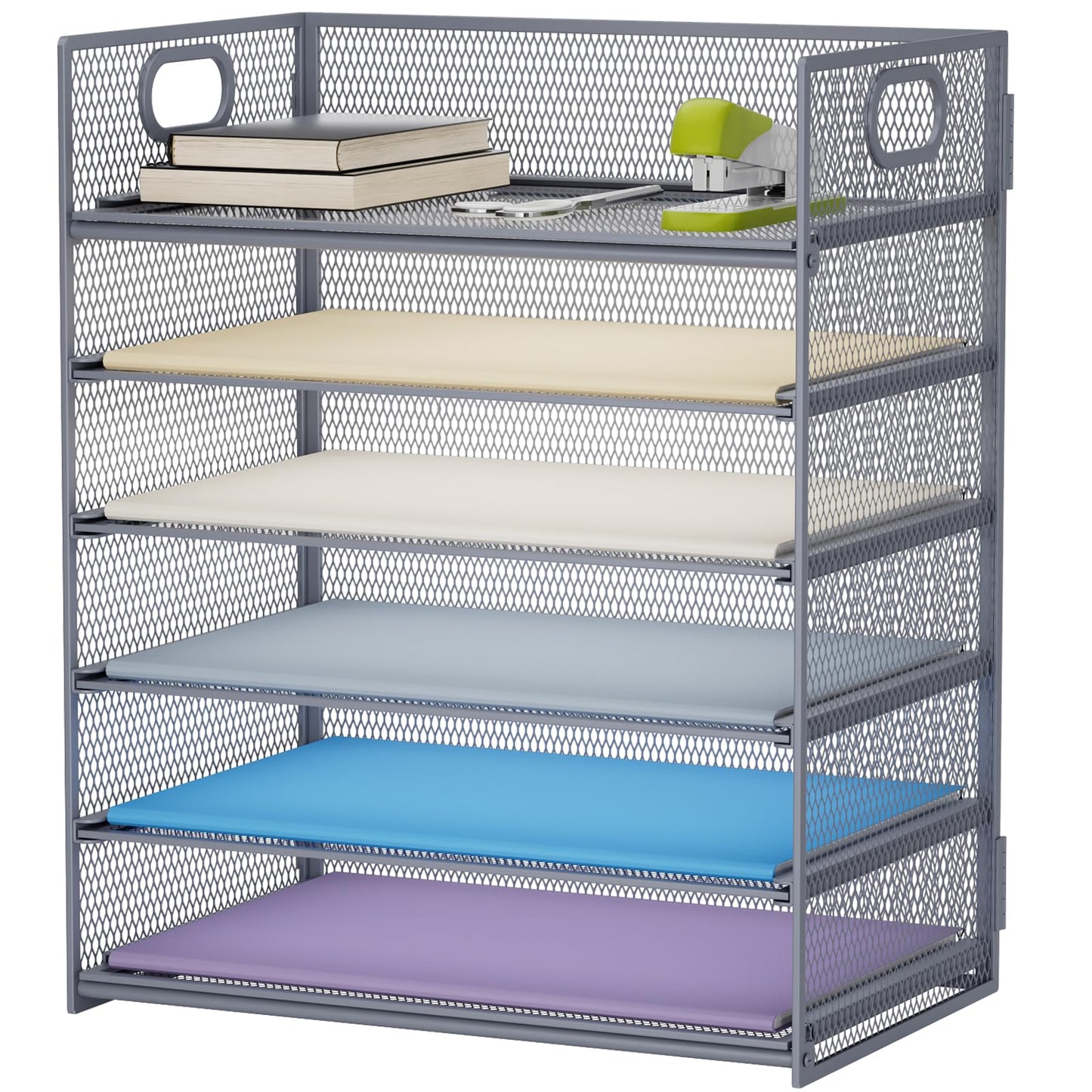 Marbrasse 6 Tier Paper Organizer Letter Tray - Mesh Desk File Organizer with Handle, Paper Sorter for Letter/A4 Office File Folder Holder - Grey