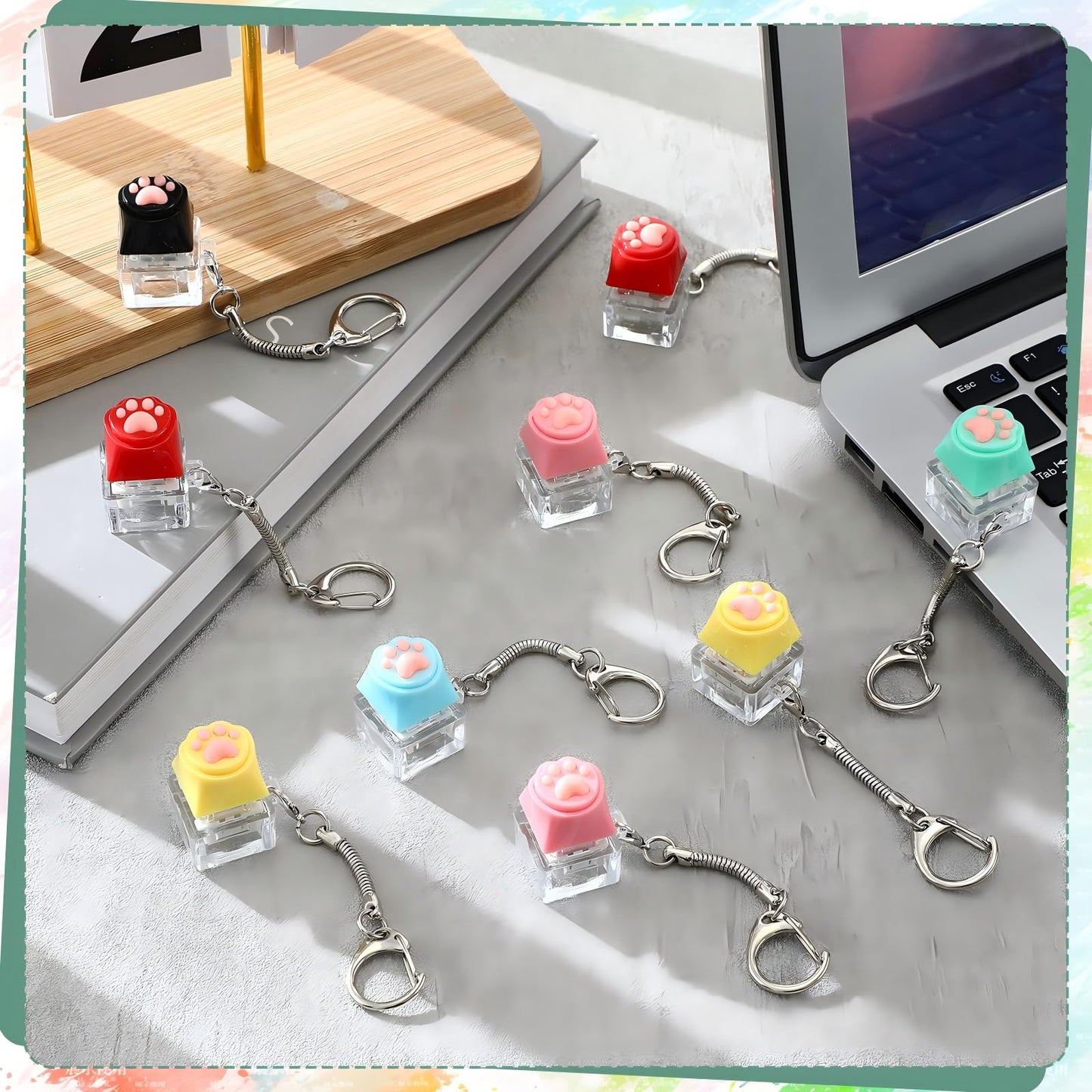 Lewtemi 24 Pcs Keyboard Fidget Clickers Cat Paw Keyboard Keychain Decompression Relief Button Finger Clickers for Adults Office Birthday Party Gifts to Relief Stress Pass the Time (Vivid Colors)