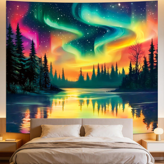 Apdidl Forest Space Tapestry for Bedroom Ceiling, Large Nature Colorful Galaxy Night Starry Sky Tapestries, Northern Aurora Landscape Tree Wall Hanging Decor for Living Room Boys (51"X60")