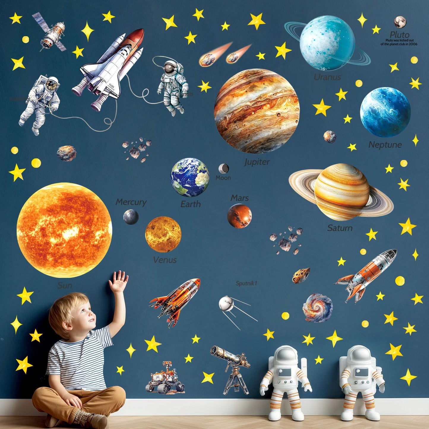 DECOWALL DS12-8077 Solar System Wall Stickers for Kids Room Décor Space Wall Decals for Bedroom Educational Removable Art Murals Decorations Living Ceiling Galaxy Planets Boys Stars