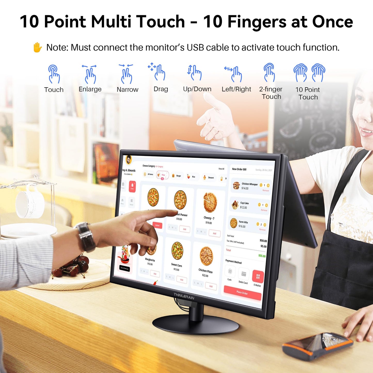 Thinlerain Touchscreen Monitor 19 Inch, 10-Point Multi Touch Screen Monitor 1440×900 HD Display with HDMI VGA AV BNC USB Ports, VESA, Build-in Speakers for POS, Office, and Industrial Use