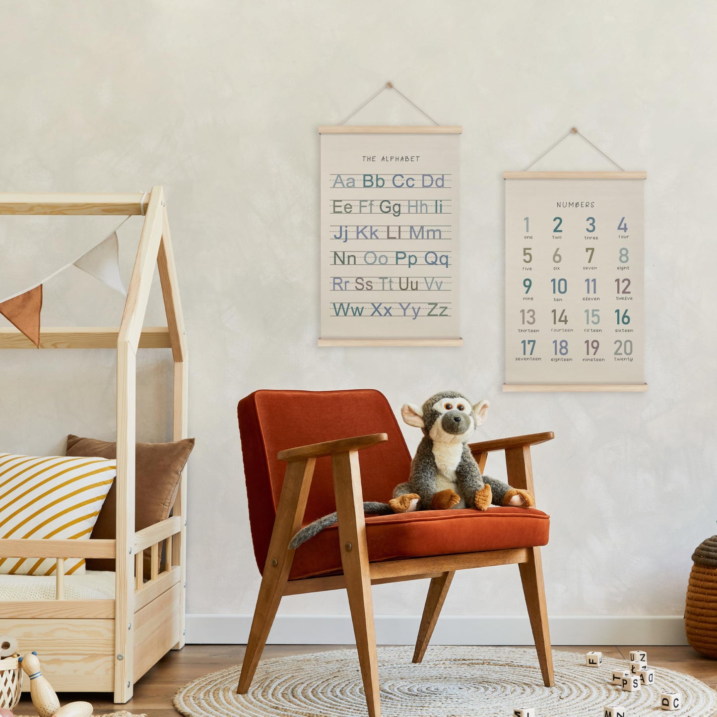 HRQKO Alphabet Numbers Poster Hanger Frame Set of 2, Nursery Wall Decor, Boho ABC Poster Wall Art with Wooden Frames, Alphabet Banner Wall Hanging Decor for Boy Toddler Room Playroom, 16x24 inch