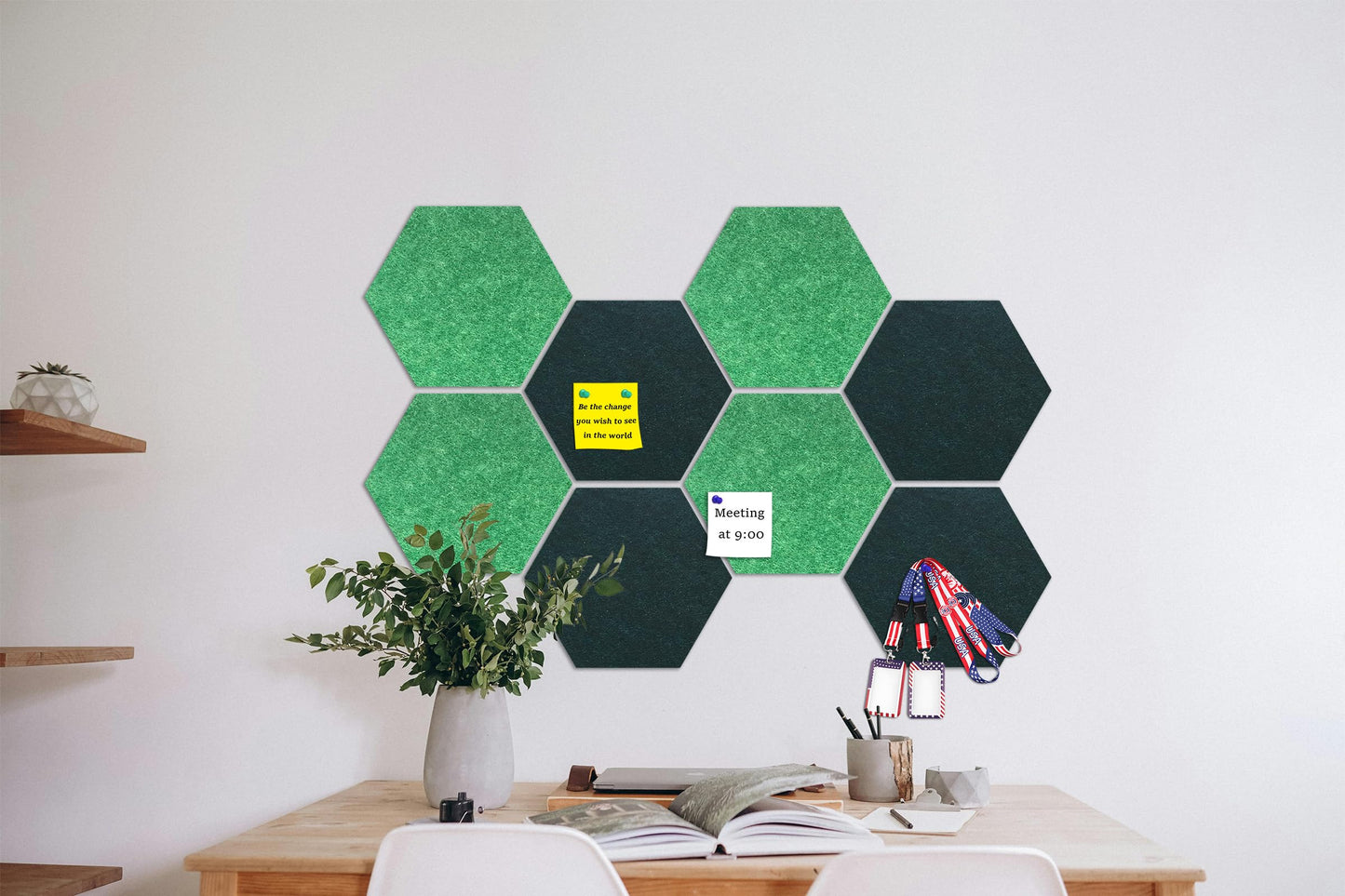 Hexagon Felt Bulletin Board Tiles, 8 Pcs, 8.7 x 7.5 inches, with 20 Pushpins, for Easy Display of Photos Pictures Memos Notices, Felt Wall Tiles for Office Home Classroom (Green)
