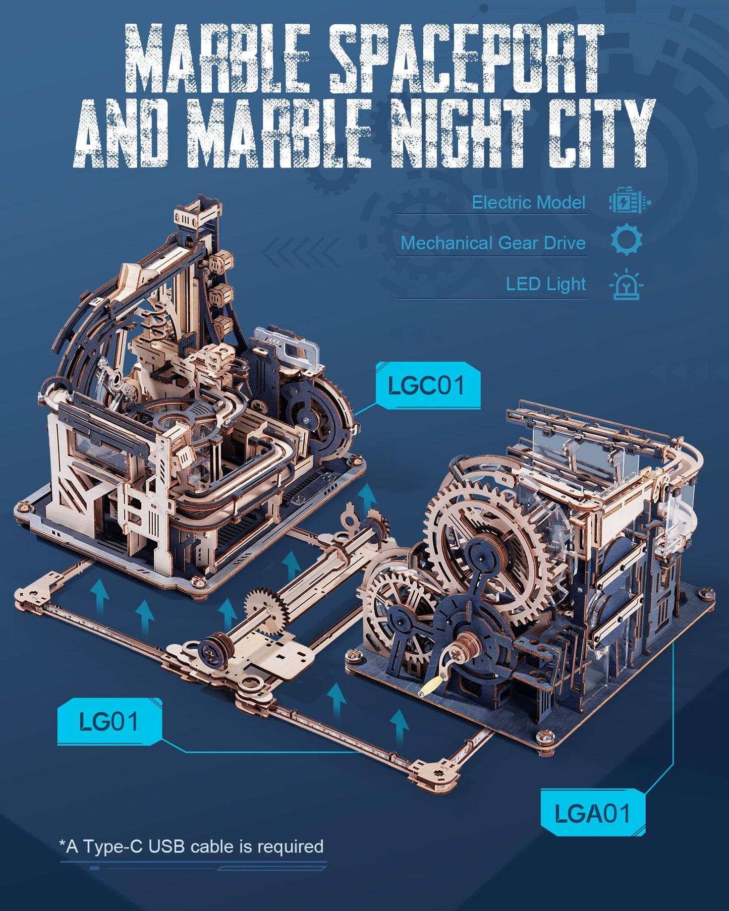 RoWood 3D Puzzles for Adults, 3-in-1 Wooden Marble Run, Includes Spaceport LGC01, Night City LGA01 & Link Pack - Awesome Gifts for Adults & Teens