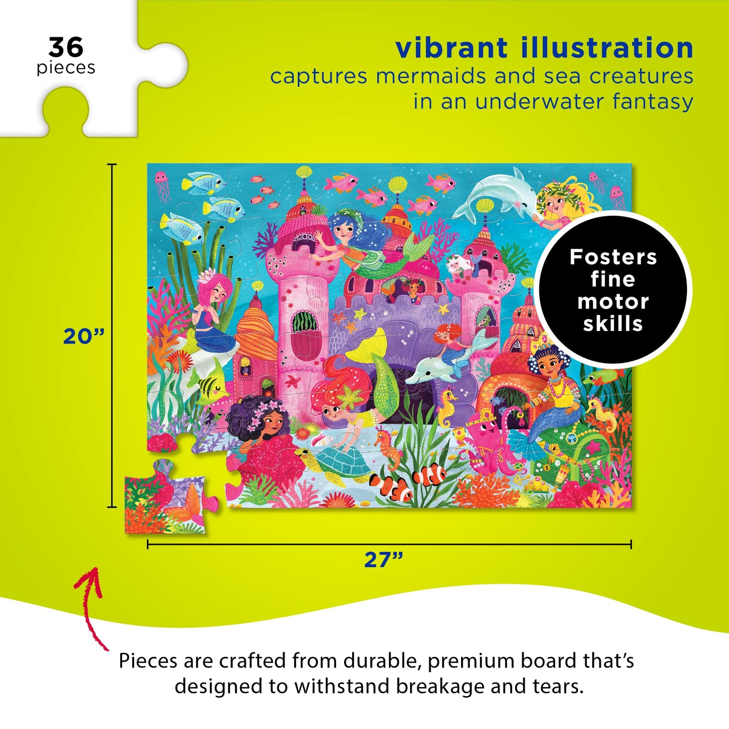 Crocodile Creek 36-Piece Jigsaw Floor Puzzle - Fun Floor Puzzles for Kids Ages 3-5 - Heavy-Duty Shaped Box for Storage - Mermaid Palace - 27" W x 20" H Finished