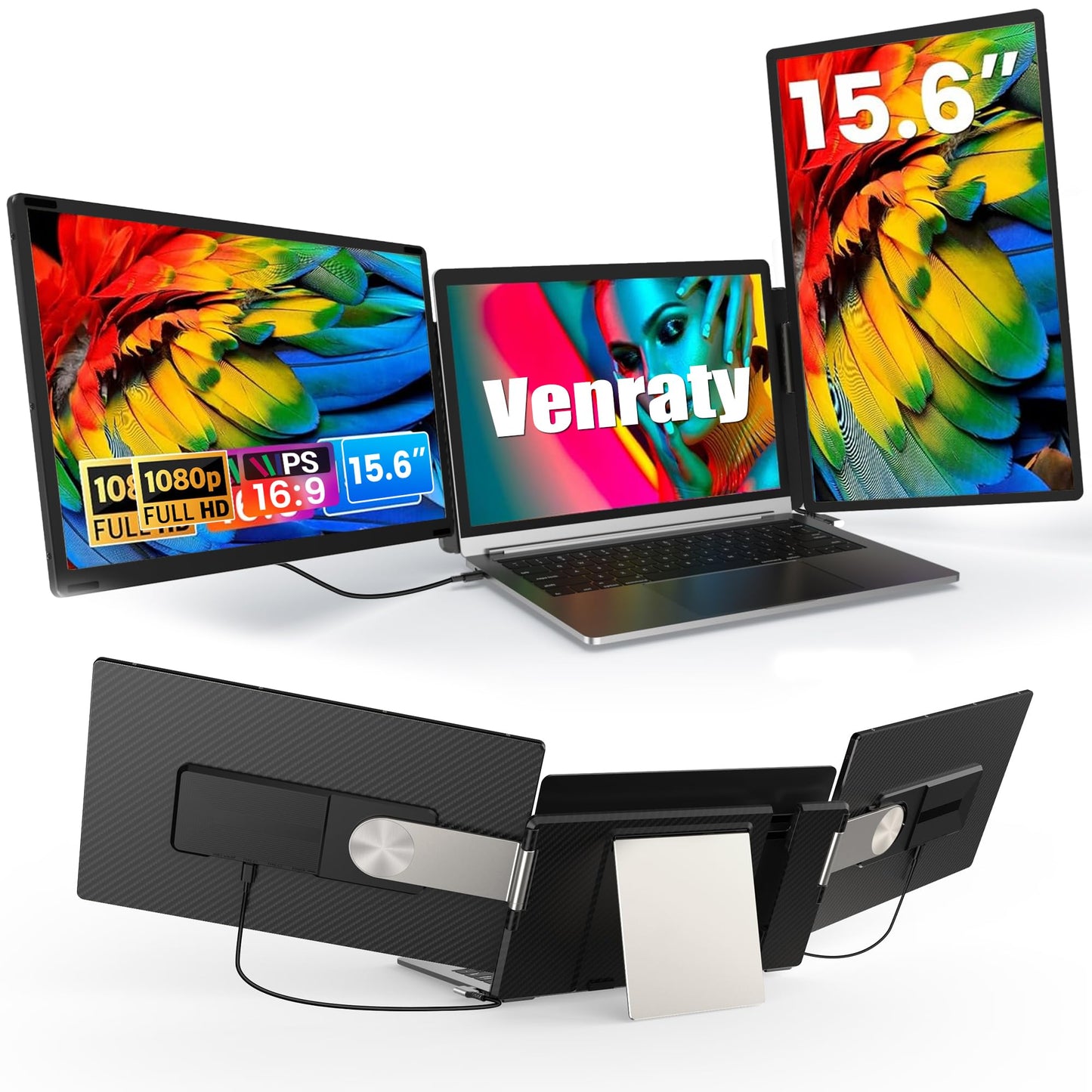 Venraty Upgraded Detachable 15.6" Laptop Screen Extender,FHD 1080P IPS Triple Portable Monitor for Laptop, Multiple Screens Design Monitor Extender for 13"-17.3" Laptops (Mac, Wins, Android, Dex)
