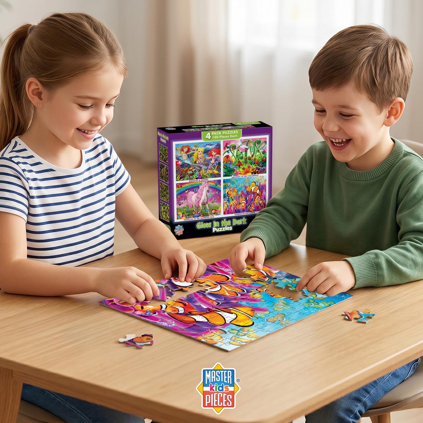MasterPieces – Jigsaw Puzzle Set for Kids 6+ Years, 4-Pack of 100 Pieces, Educational and Fun Game, Purple Glow in the Dark Collection, Gift Idea for Children, 8" x 10