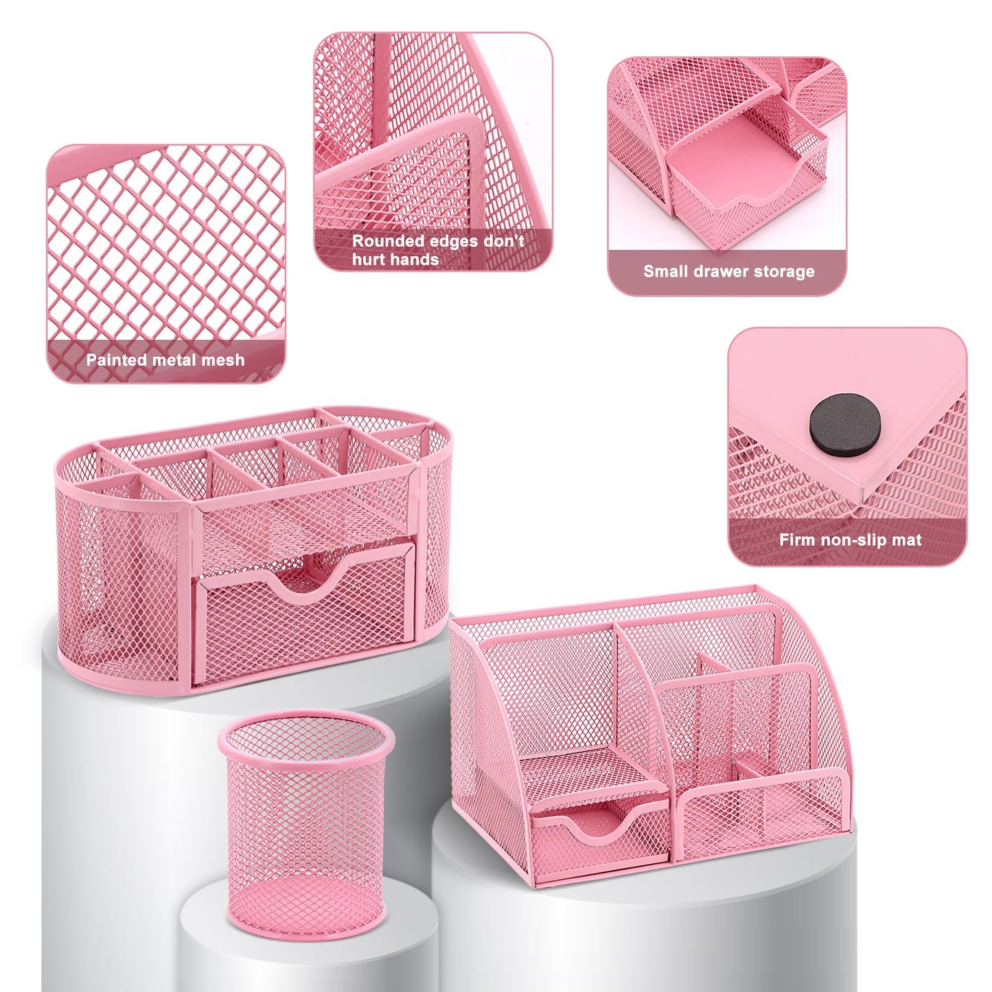 17 in 1 Pink Desk Organizers and Accessories Set, 3 Office Desk Supplies Storage Organization, 4 Pens, Stapler, Staples & Remover, Tape & Dispenser, Scissors, Ruler, Clips, Hole Punch, Back to School